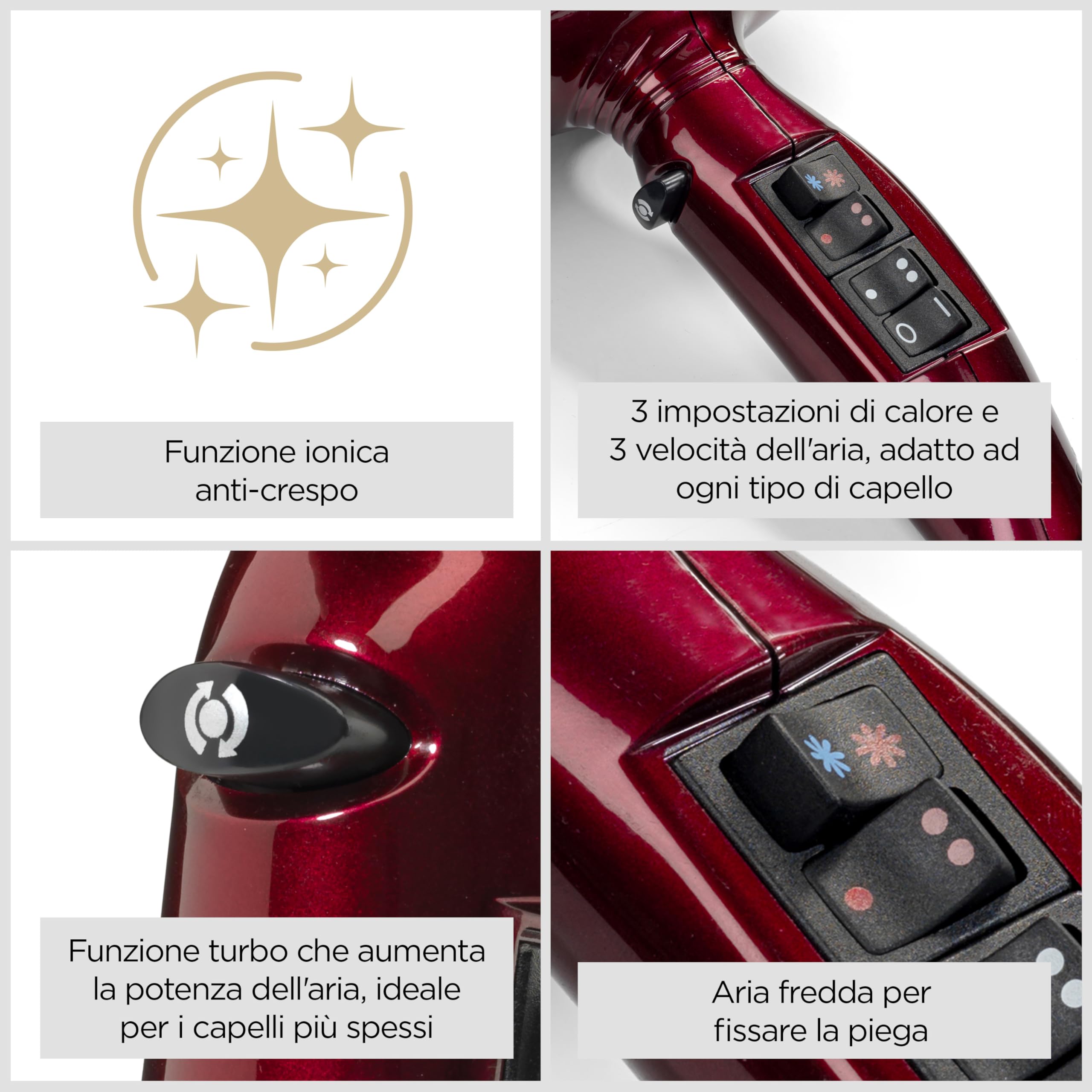 BaByliss Asciugacapelli Made In Italy con Motore Digitale 2200W, Phon Capelli, asciugatura ultra-rapida, funzione ionica,3 temperature, 4 velocità, tasto turbo, diffusore, concentratori, rosso, 6001DE