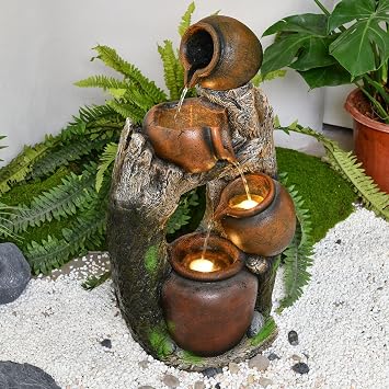 30" Outdoor Garden Water Fountain with Lights 4 Tiers Water Feature | Large Cascading Waterfall Floor Standing Fountain for Patio, Backyard, Deck, Porch and Home Art Decor