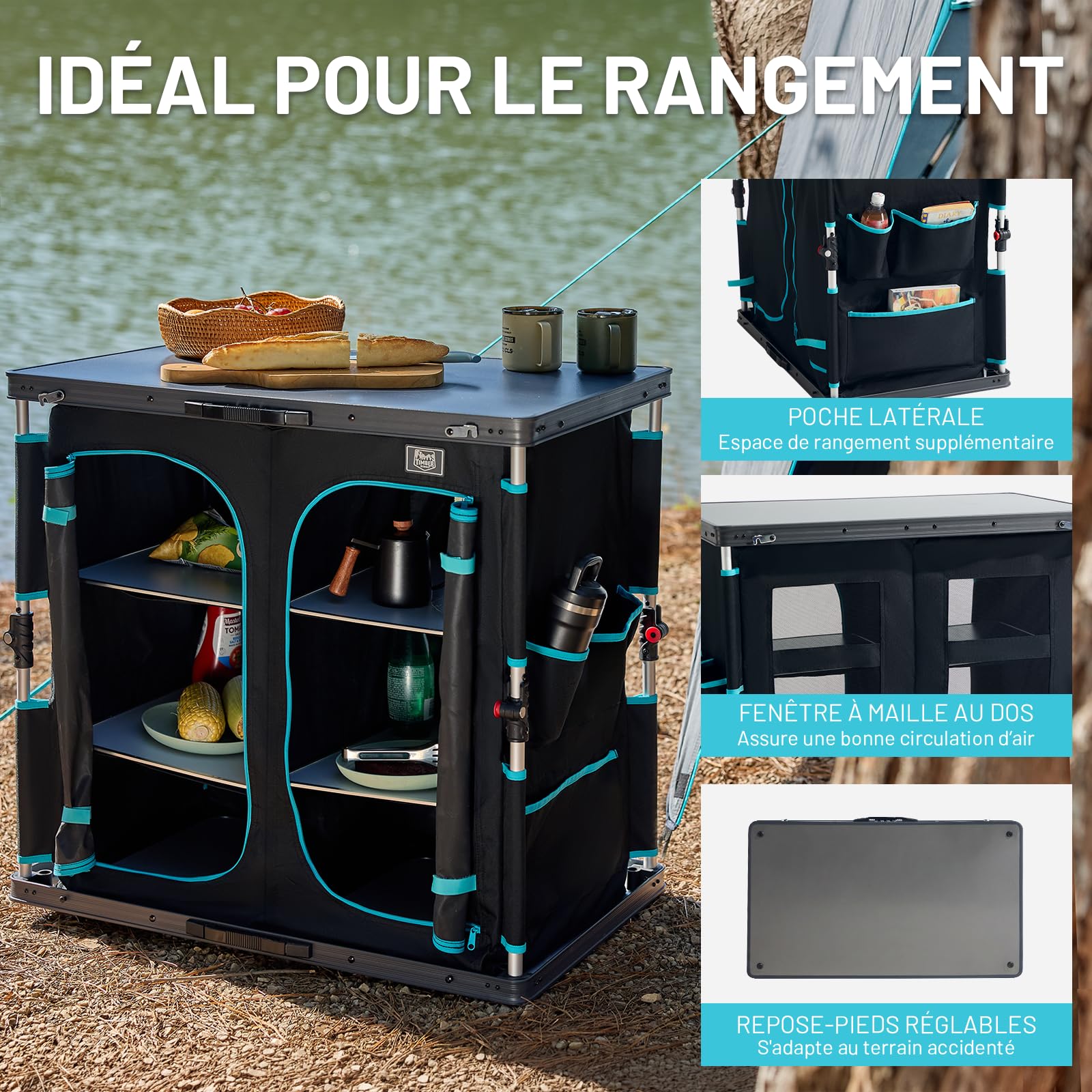 TIMBER RIDGE Meuble de rangement pliable pour camping, cuisine de camping, meuble d'extérieur portable avec 6 compartiments de rangement et grande table, cadre en aluminium pour pique-nique, jardin