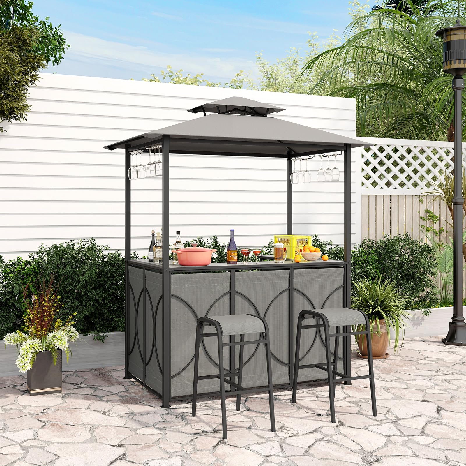 GOPLUS Cenador para barbacoa, doble techo con cristal templado, mesa de bar, 2 taburetes, soportes de cristal, 2 estantes, toldo para barbacoa, resistente a la intemperie, para exterior, jardín, patio