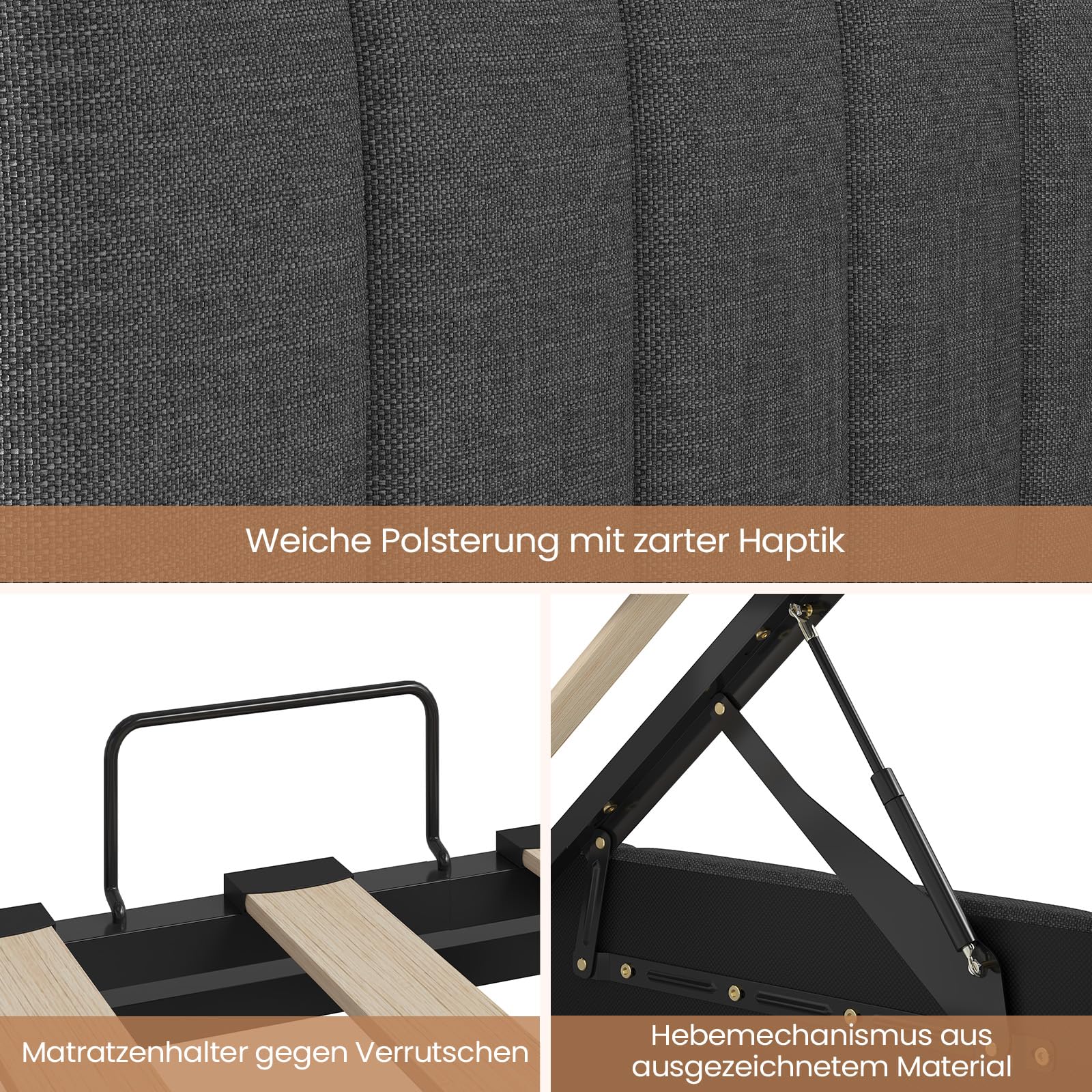Polsterbett mit LED Beleuchtung, Jugendbett 90 x 200 cm, boxspringbett mit Ladestation, Kopfteil mit verstecktem Stauraum, Bettgestell mit großer Bettkasten, für Schlafzimmer, Gästezimmer, Grau