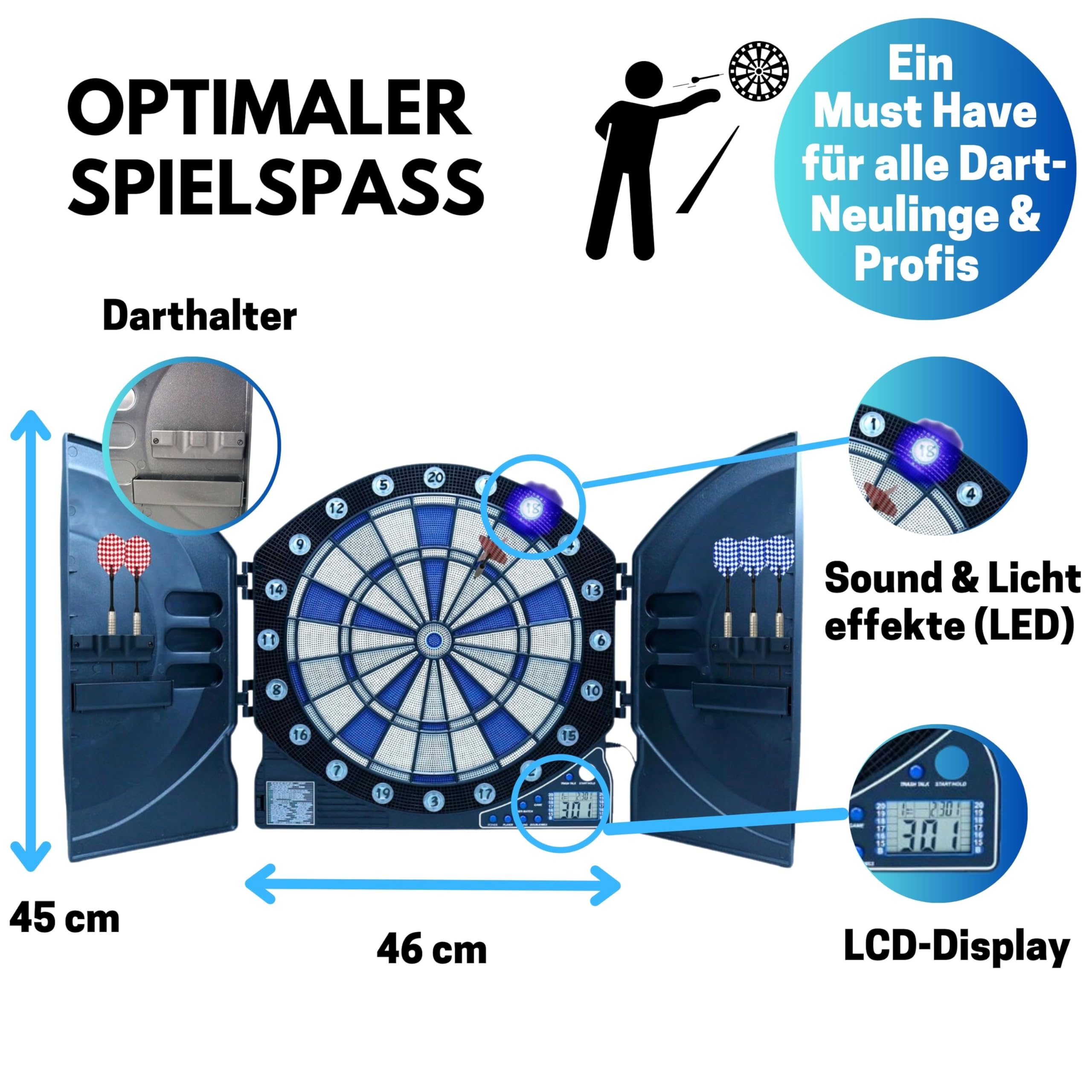 Best Sporting Cambridge 2307449 elektroniczna tarcza do darta z podświetlanymi cyframi LED, 6 lotek, tarcza do darta z zasilaczem, wielokolorowa, M
