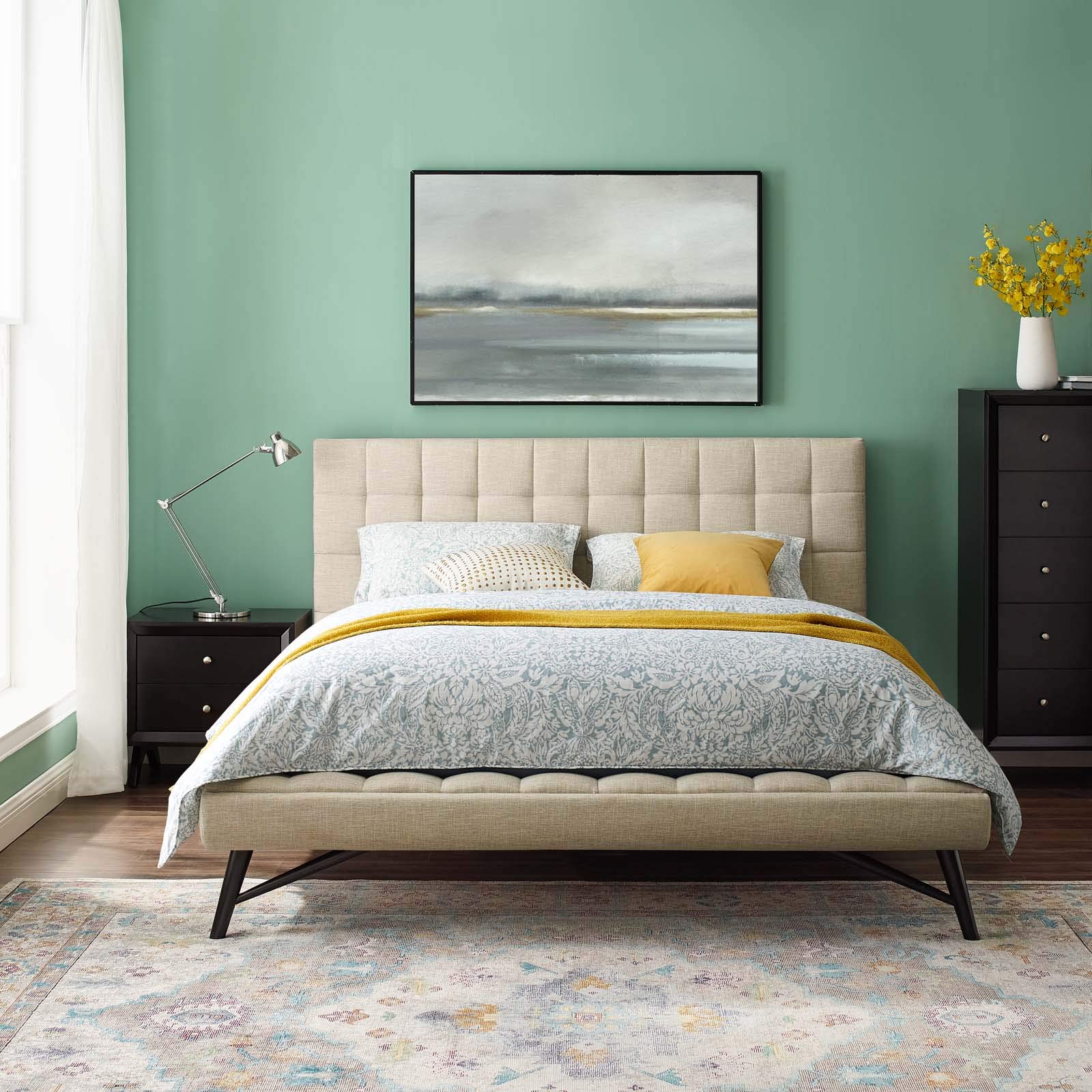Modway Julia Tufted Fabric Upholstered Queen Platform Bed in Beige(incomplete