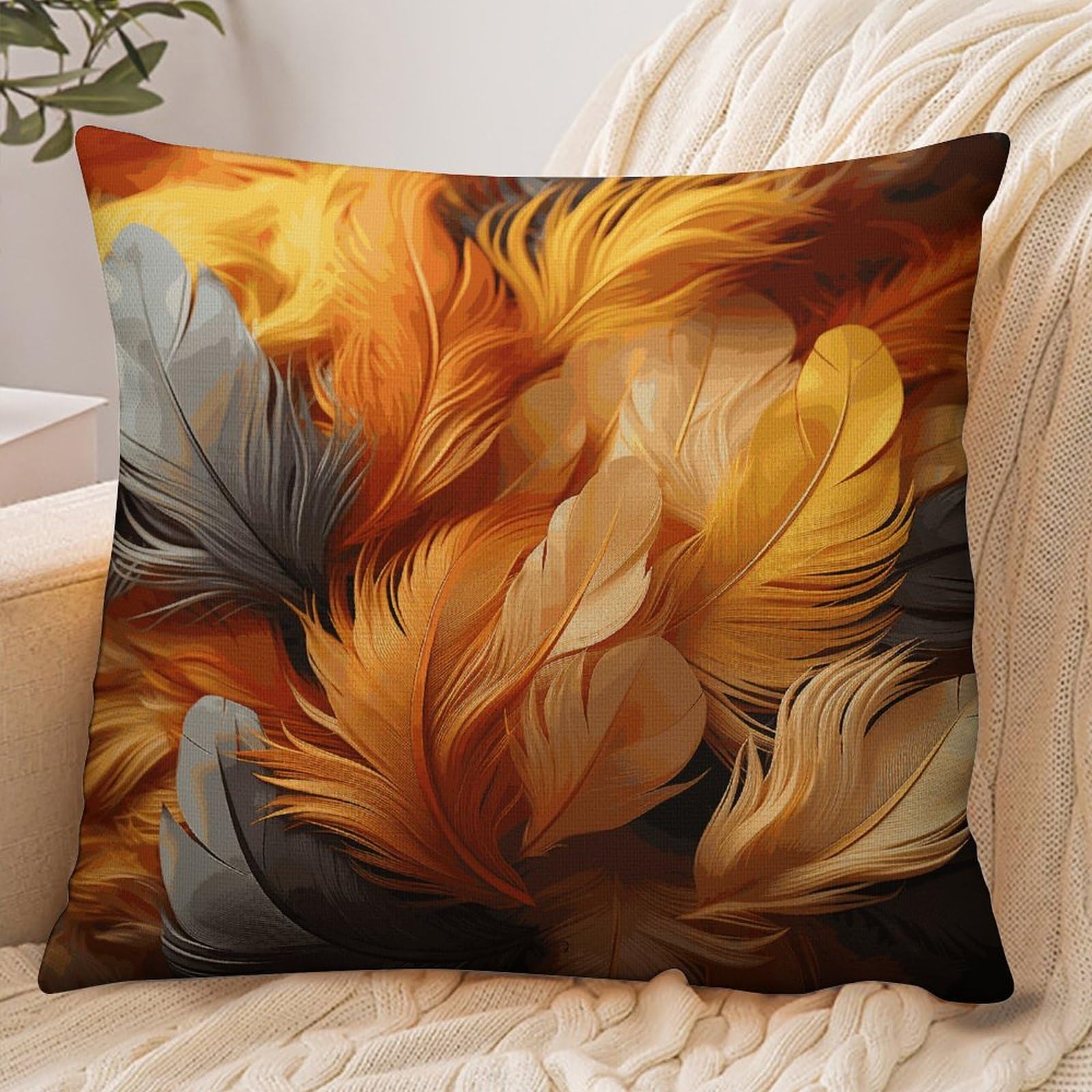 Fekiloot Style Gold And Orange Feathers Pillowcase Pillow Sham Pillow Case