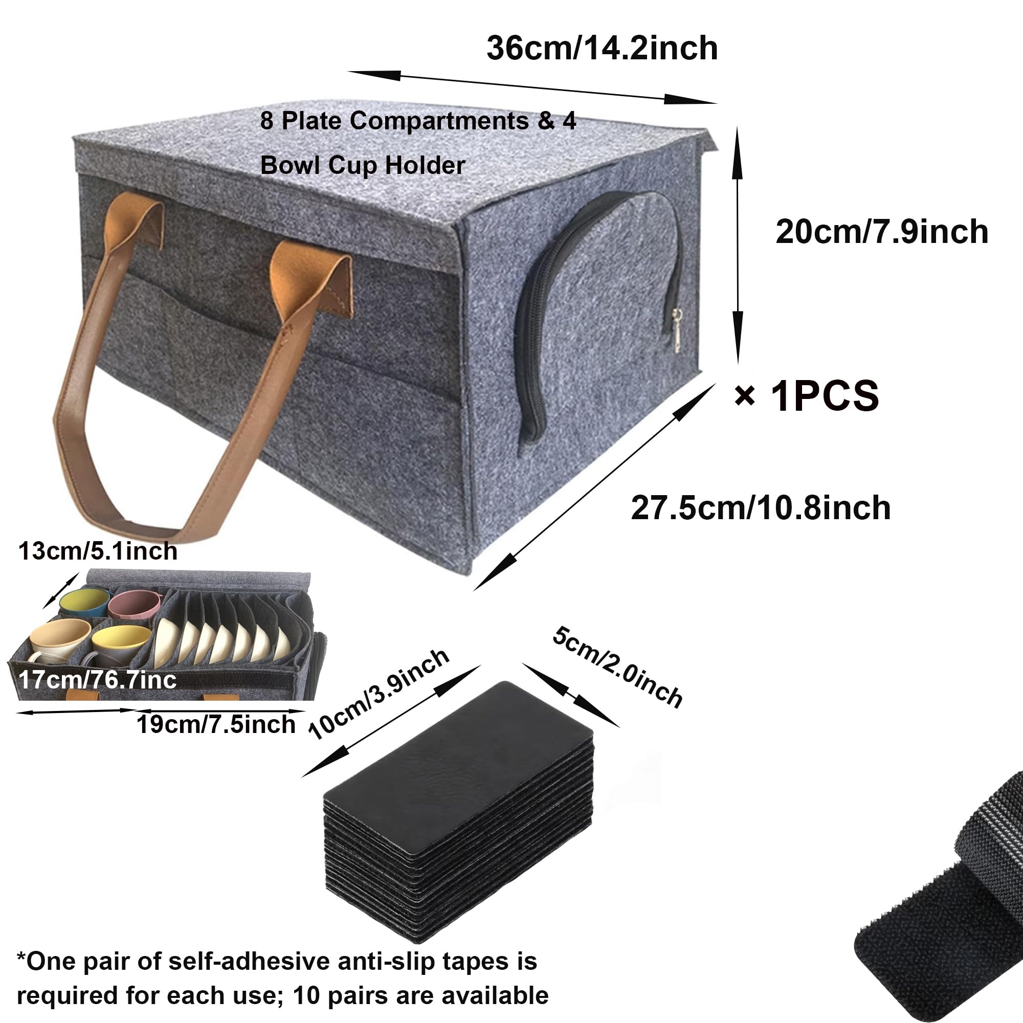 Genérico Organizador Vajilla Camping para Autocaravana,Caja Platos Camping con 8 Compartimentos y Separadores,Bolsa Vajilla Camper de Fieltro con Soporte para 4 Tazas,con 10 Tiras de Fijación(PC)