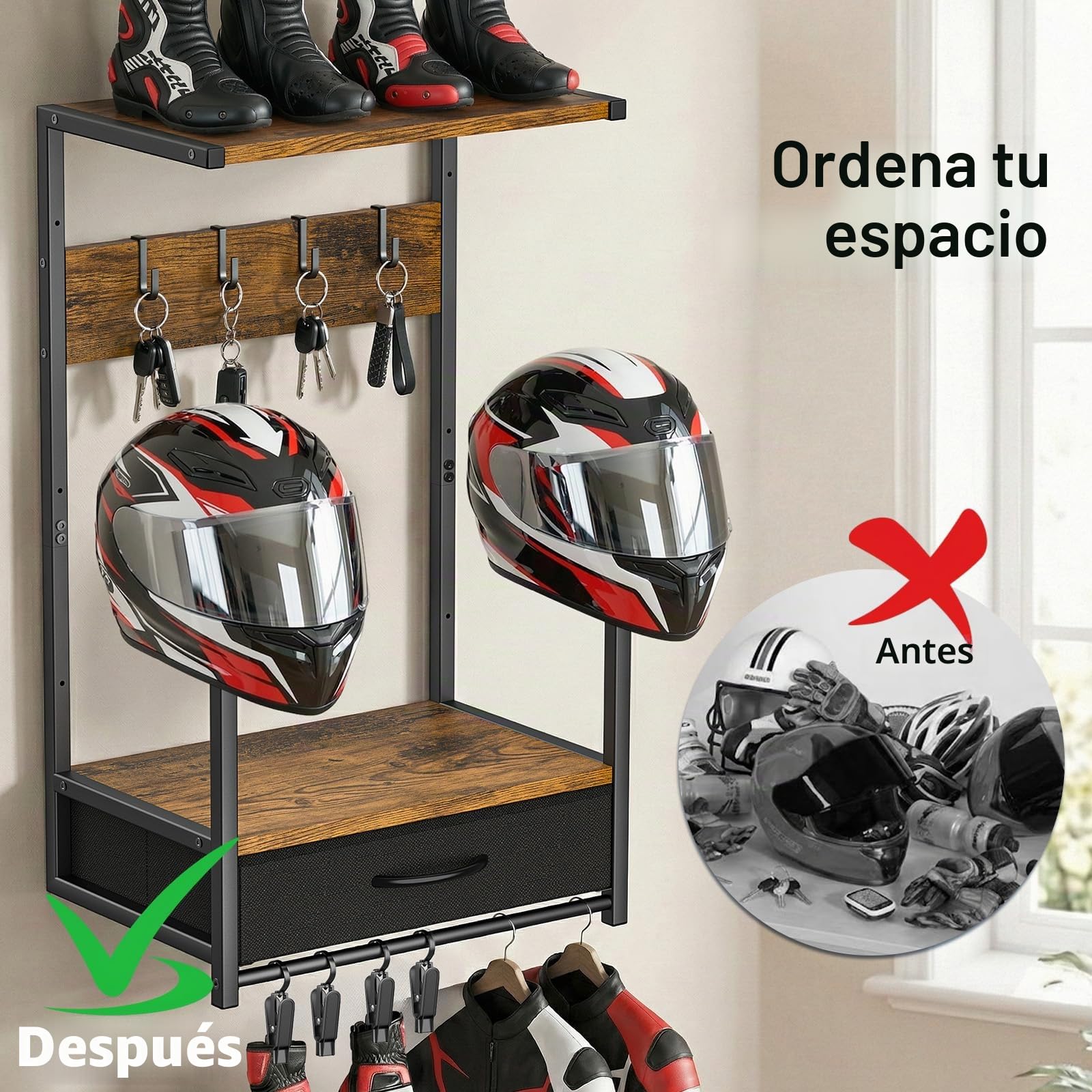Housolution Soporte de Pared para Casco de Moto con Cajón de Tela | Portacasco con 4 Espacios para Guantes y 4 Ganchos para Trajes & Accesorios – Stand para Motos, Baseballs y Cascos de Rugby