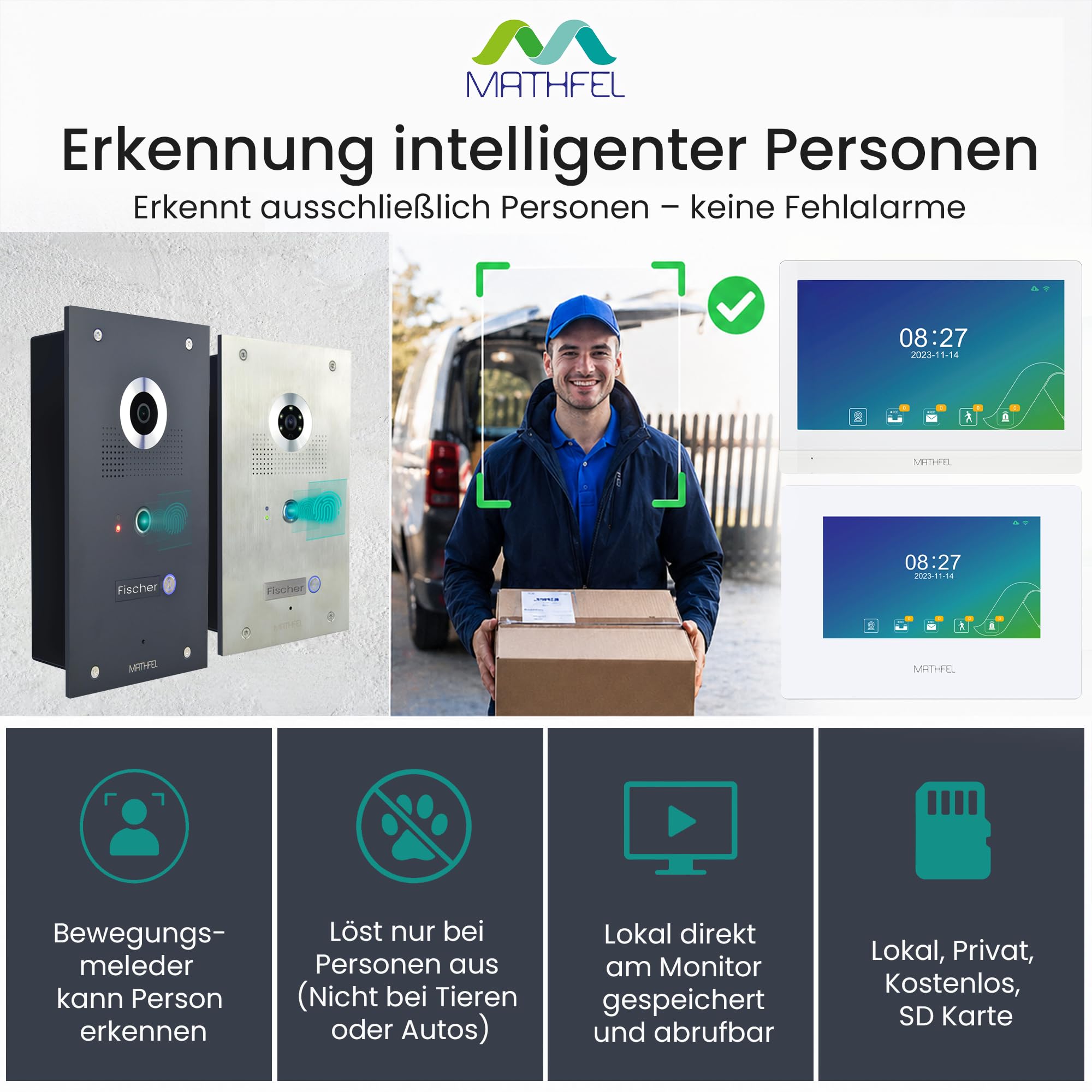 MATHFEL Video Türsprechanlage in Silber, Klingel mit Kamera und 10'' Monitor, Türklingel mit Kamera und Türöffner, Ultraweitwinkel 170 Grad Kamera, Gegensprechanlage mit WLAN Full HD 2MP