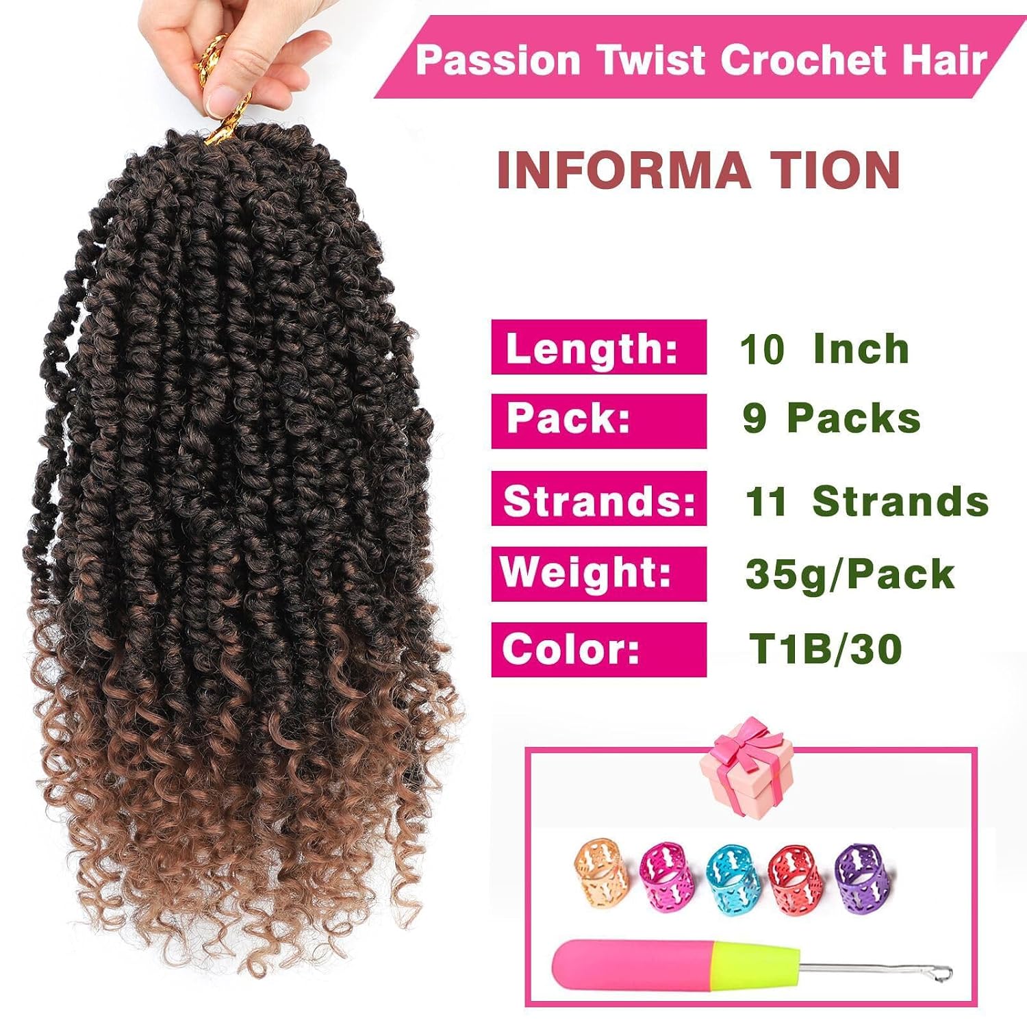 9 Packs Pre-twisted Passion Twist Hair 10 Inch Ombre Brown T1B/30 image 2