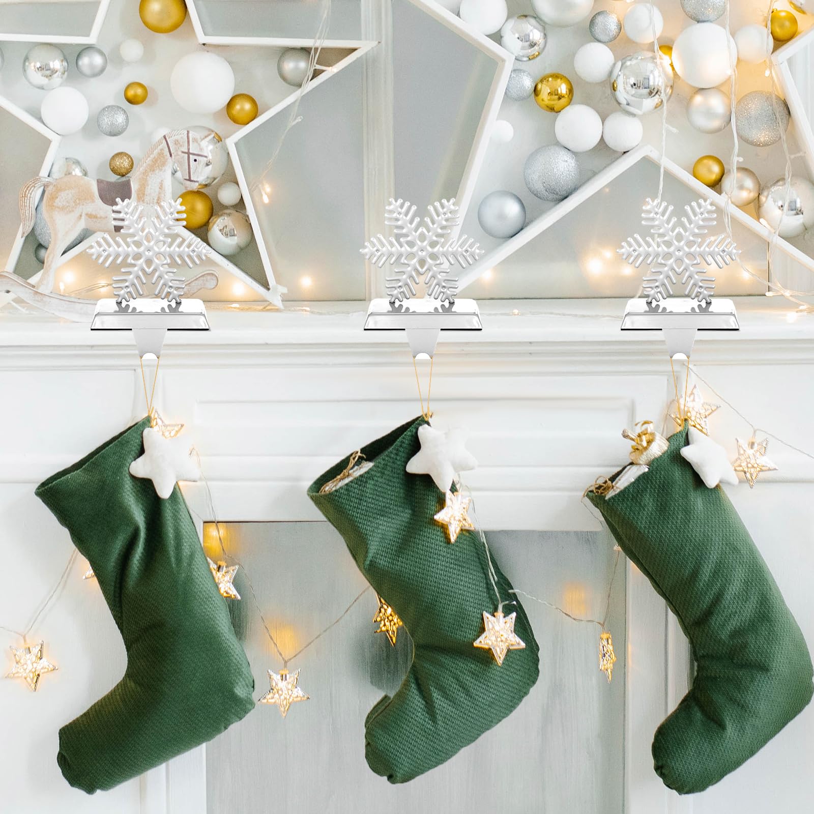 Marsui 12 Pack Snowflake Christmas Stocking Holders Metal Snowflake Stocking Hanger Holders Mantle Fireplace Stocking Hanger Hook for Christmas Party Home Holiday Decoration (Silver)