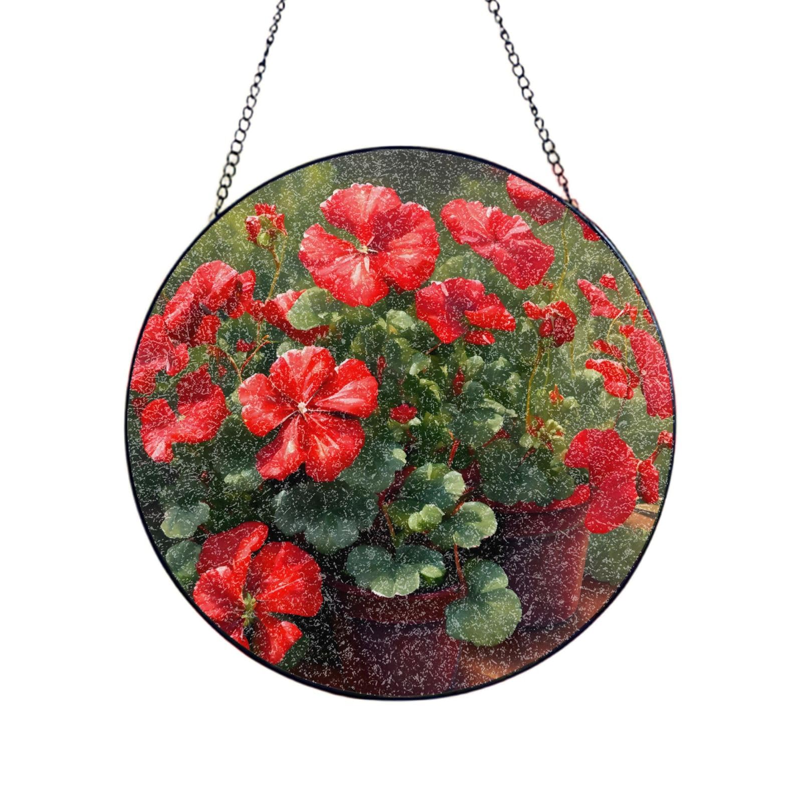 Phayah Red Geraniums Print Glass Window Hanging Sun Catchers Suncatcher Decor For Birthday For Home Garden Porch 8in（20cm）