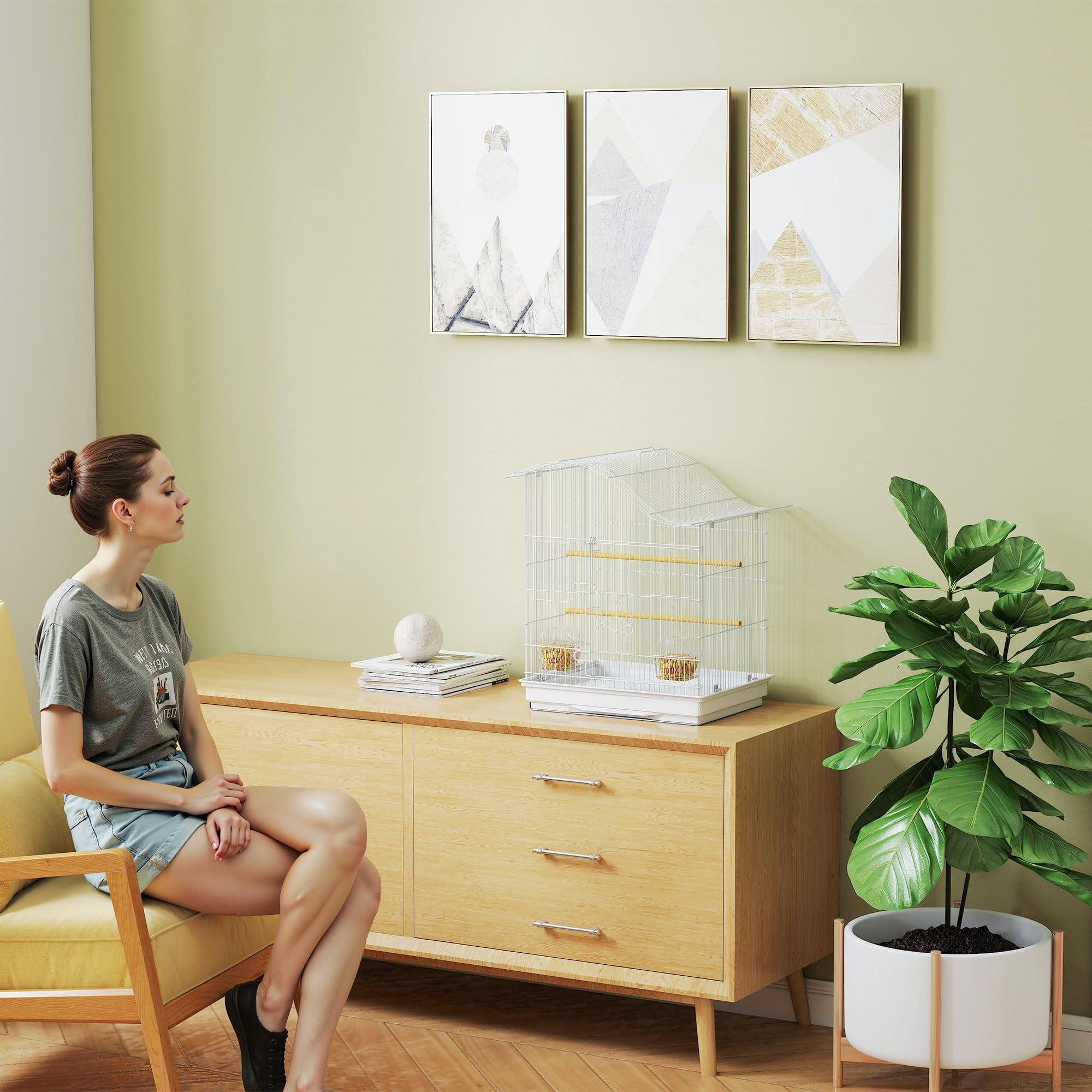 PawHut Gabbietta per Uccelli a 4 Ingressi con 2 Ciotole, 2 Posatoi e Vassoio Estraibile, Voliera in Metallo e Plastica, 47.5x36x54.5 cm, Bianco