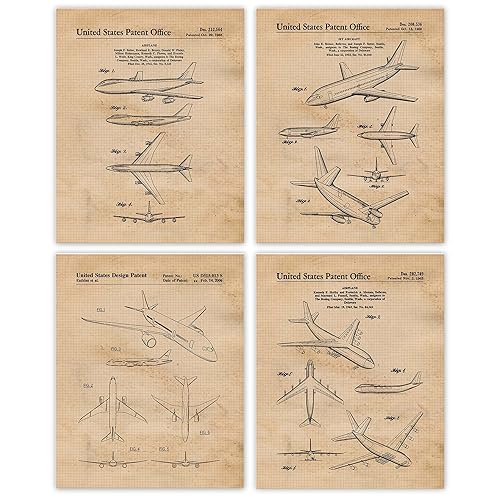 Vintage Boeing Airplanes Patent Prints, 4 (8x10) Unframed Photos, Wall Art Decor Gifts Under 20 for Home Office Man Cave School College Student