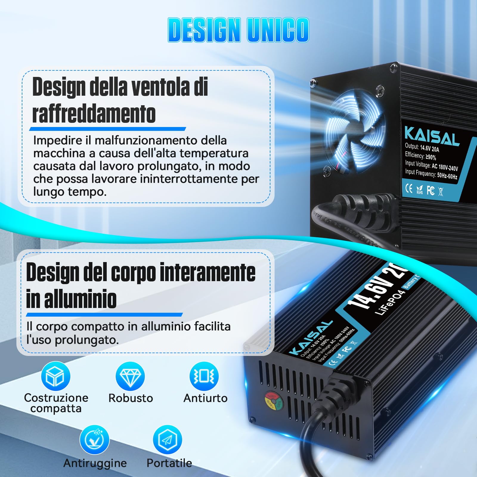 KAISAL 14.6V 20A Caricabatterie al Litio, 12V Caricabatterie LiFePO4 3-Step Carica Intelligente Caricatore LiFePO4 Indicatore di Carica a LED per RV, Barca,Solare