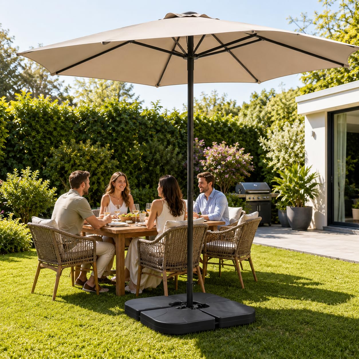 Base para Sombrilla Rellenable Modular 4 Piezas – Pie de Parasol para Agua o Arena, Compatible Mástil Central y Lateral, Negro, Uso Exterior Terraza y Jardín