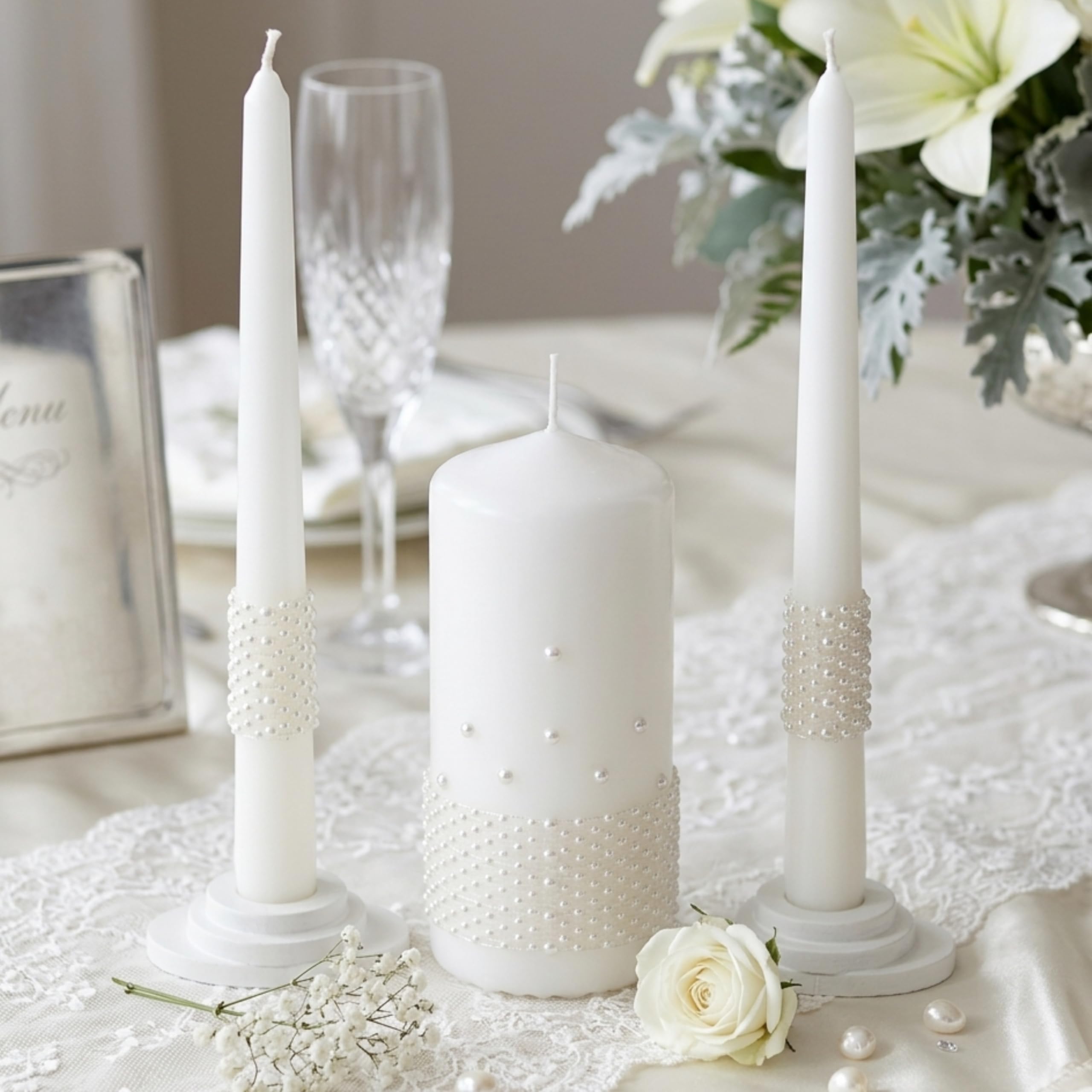 Unity - Set di candele per matrimonio, set di candele da 15 cm e 2 coni da 22,5 cm, unico colore al quarzo (quarzo bianco)