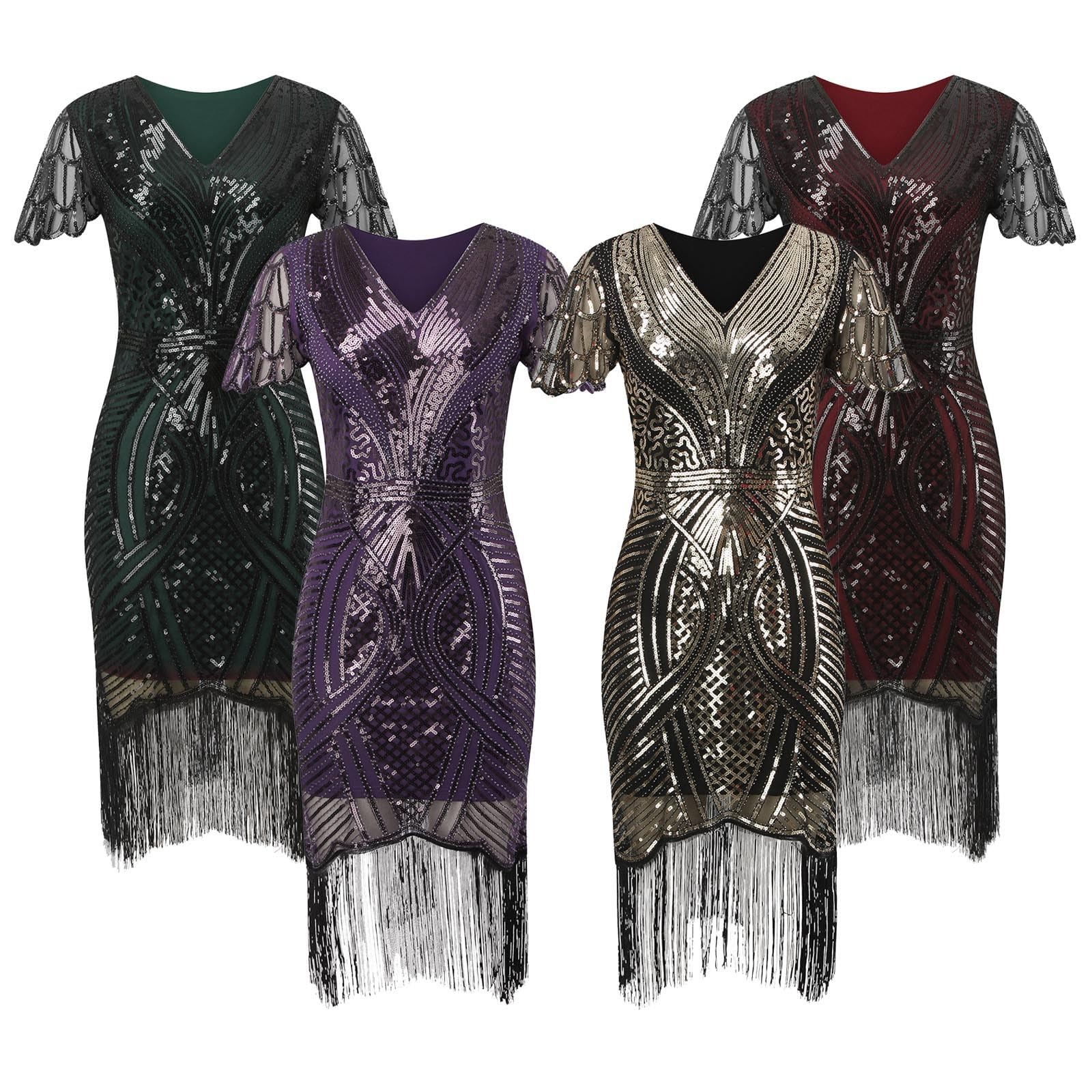 Generisch Robe rétro des années 1920 pour femme - Avec deux couches de pompons - Robe de soirée Charleston avec paillettes et col en V - Robe de soirée à thème des années 20