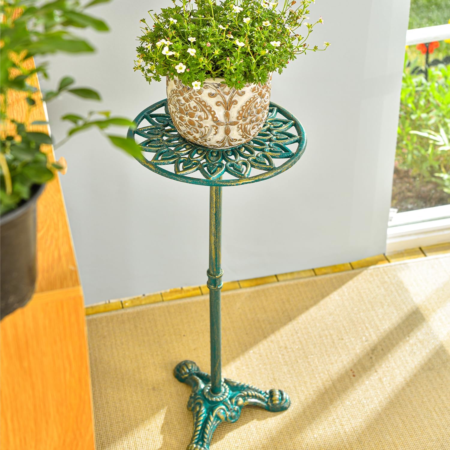 Sungmor Heavy Duty Cast Iron Potted Plant Stand, 24.2" Tall Metal Plant Stand, Vintage & Rustic Style Flower Stand Indoor Outdoor Garden Table, Decorative Flower Pot Holder for Balcony Patio