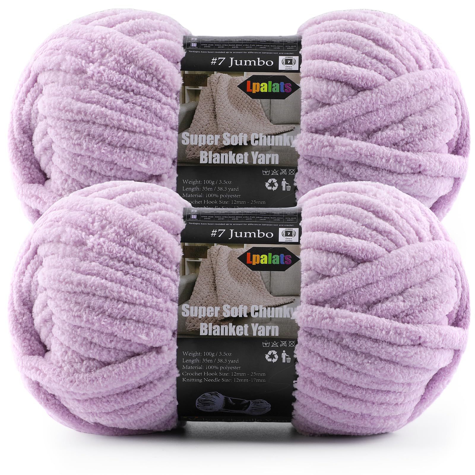 2-Pack Super Soft Chunky Yarn for Crocheting Blankets - 7oz/76.4yd Total, Thick &amp; Plush Chenille Yarn for Quick Baby Projects, Amigurumi, Scarves, Lavender