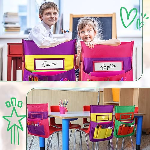 Miniatura 7 de 18 bolsillos para sillas de estudiantes, 19 x 15 pulgadas, bolsa trasera para silla de aula, almacenamiento de asiento con etiqueta de nombre, 6