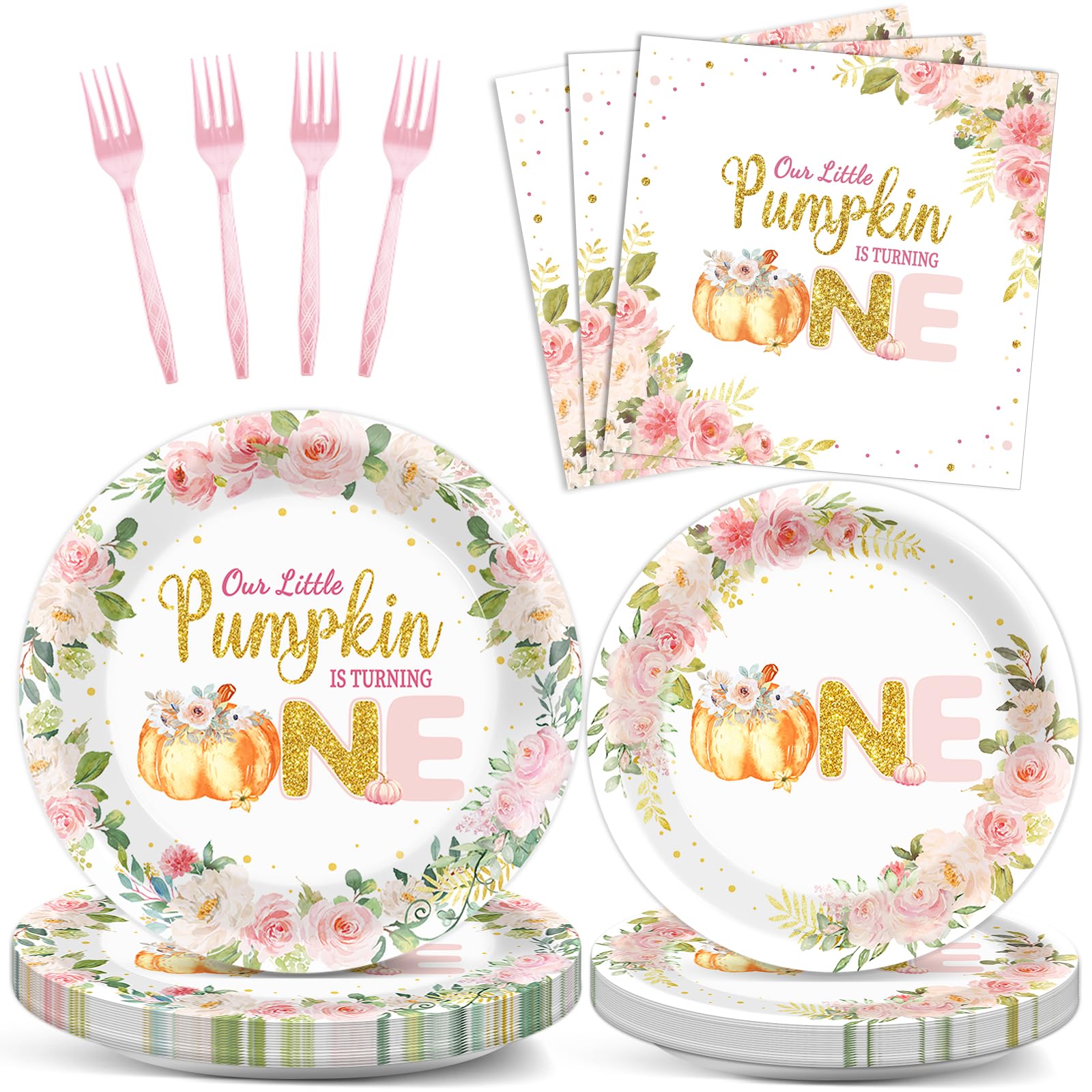 ZOIIWA 96 Pcs Our Little Pumpkin is Turning One Tableware Set Floral 1st Birthday Party Supplies Girl Dinnerware Pumpkin Baby Shower Table Decor Pink Fall Theme Party Decorations Serves 24 Guests