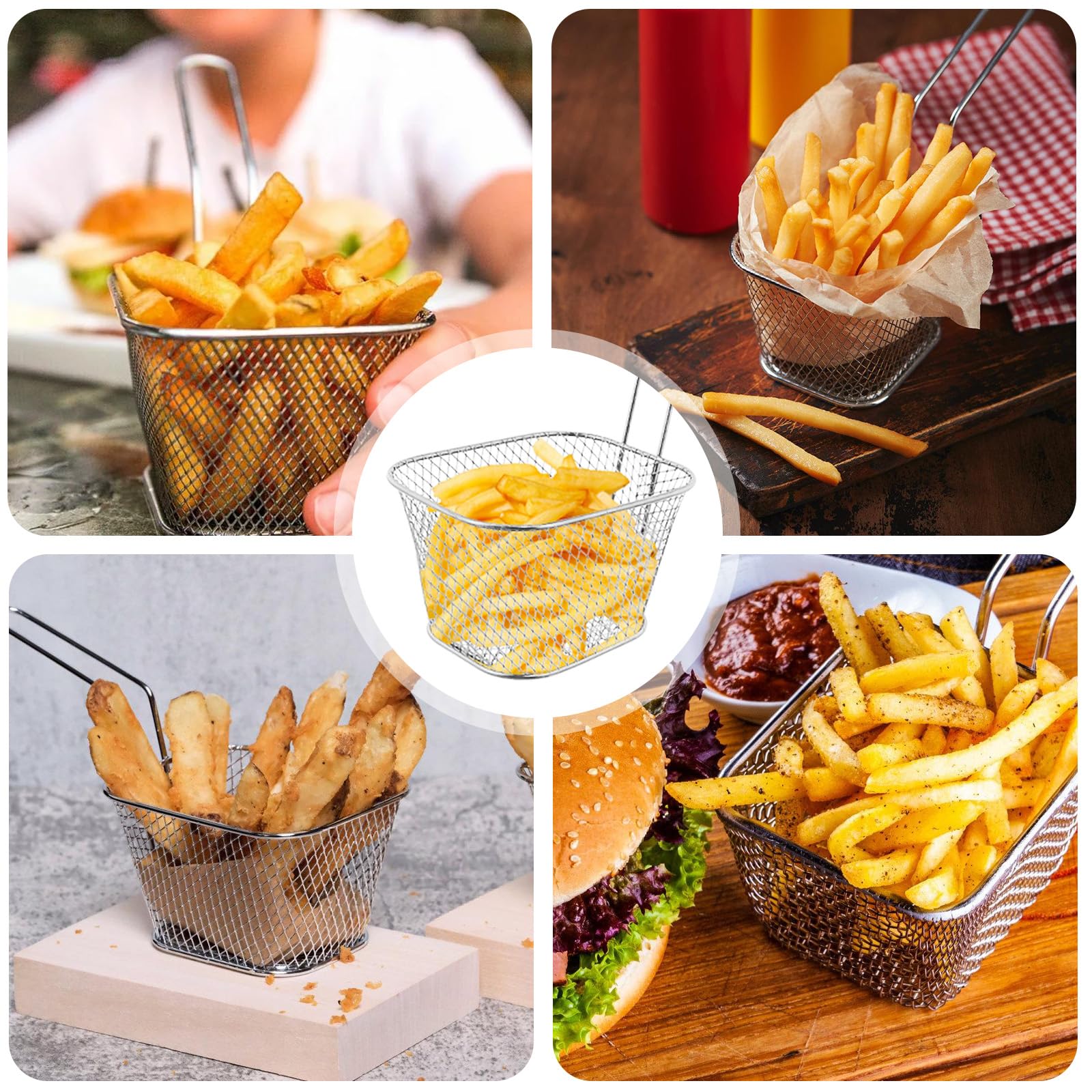 12 pezzi di cestini per patatine fritte, cestello per frittura argento per servire, piccolo cestino in acciaio inossidabile con manico, cestello da portata per patatine fritte, gamberetti, anelli di
