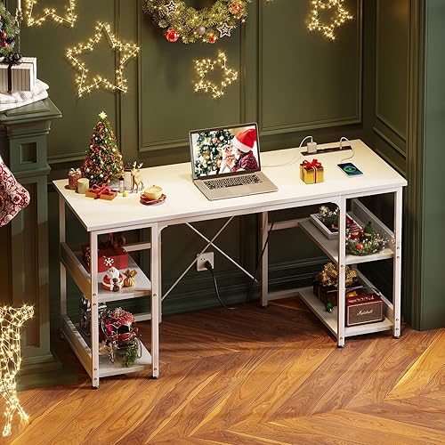 Miniatura 2 de AODK Escritorio pequeño para computadora de 48 pulgadas con tomas de corriente y puerto de carga USB, mesa para el hogar con estantes de