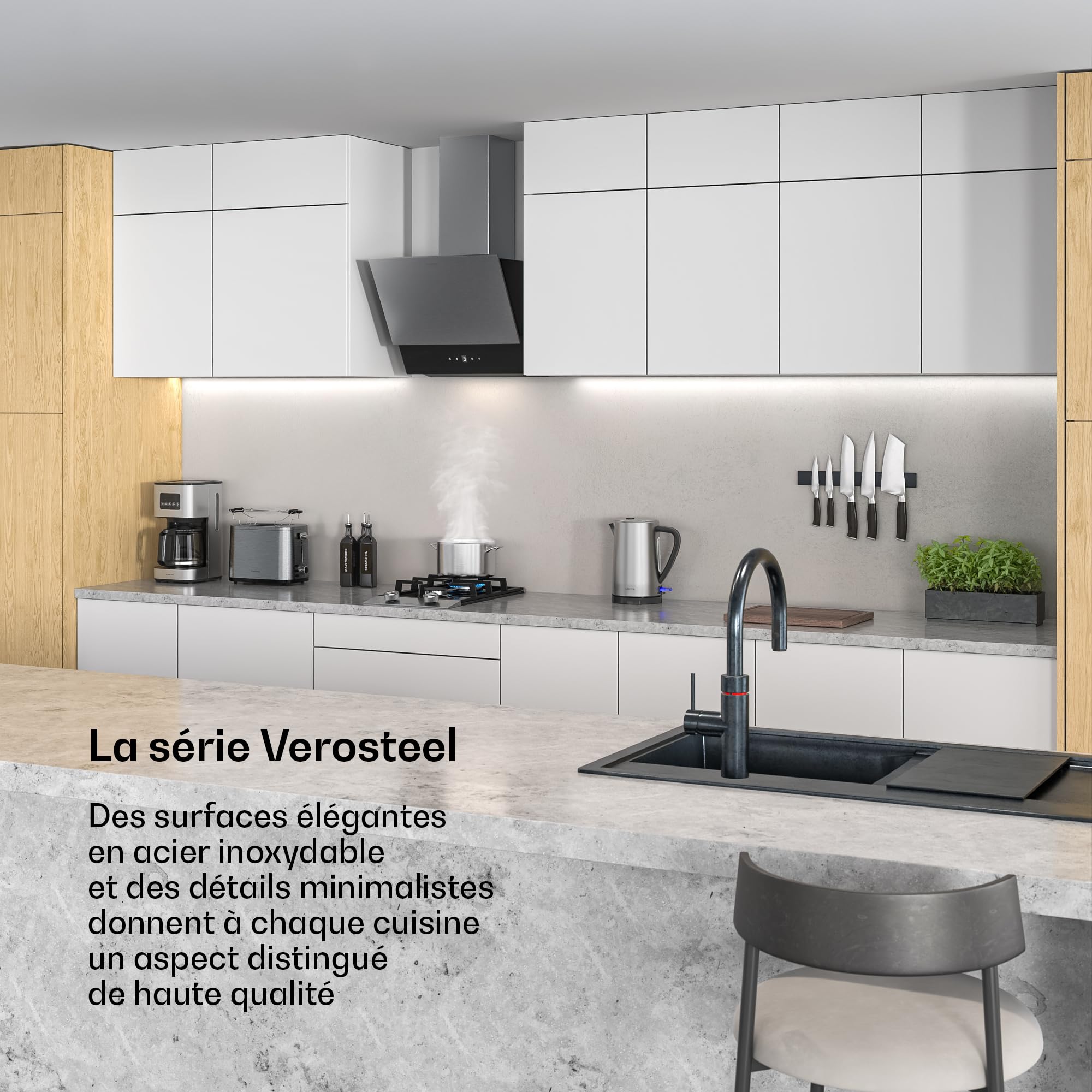 Klarstein Verosteel Set Petit-Déjeuner Complet – Grille-Pain 2 Fentes 7 Niveaux, Bouilloire Électrique Inox 1,7L, Cafetière Filtre 12 Tasses, Design Moderne, Support à Petits Pains