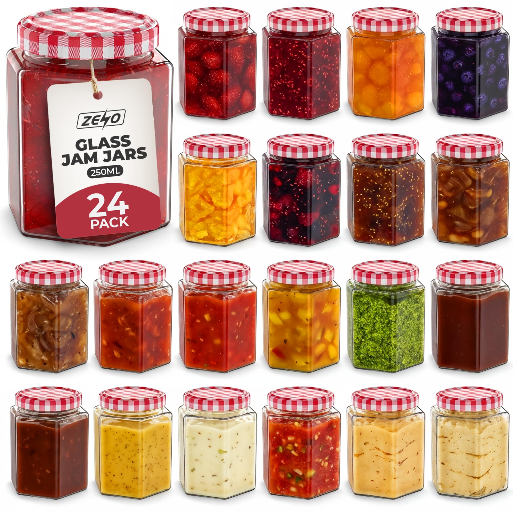 ZENO Glass Jam Jars 250ml | Glass Preserve Pots with Screw Top Red Gingham Lids | Airtight Pickle Jars | Homemade Jam | Marmalade & Chutney Jar (24 Pack)