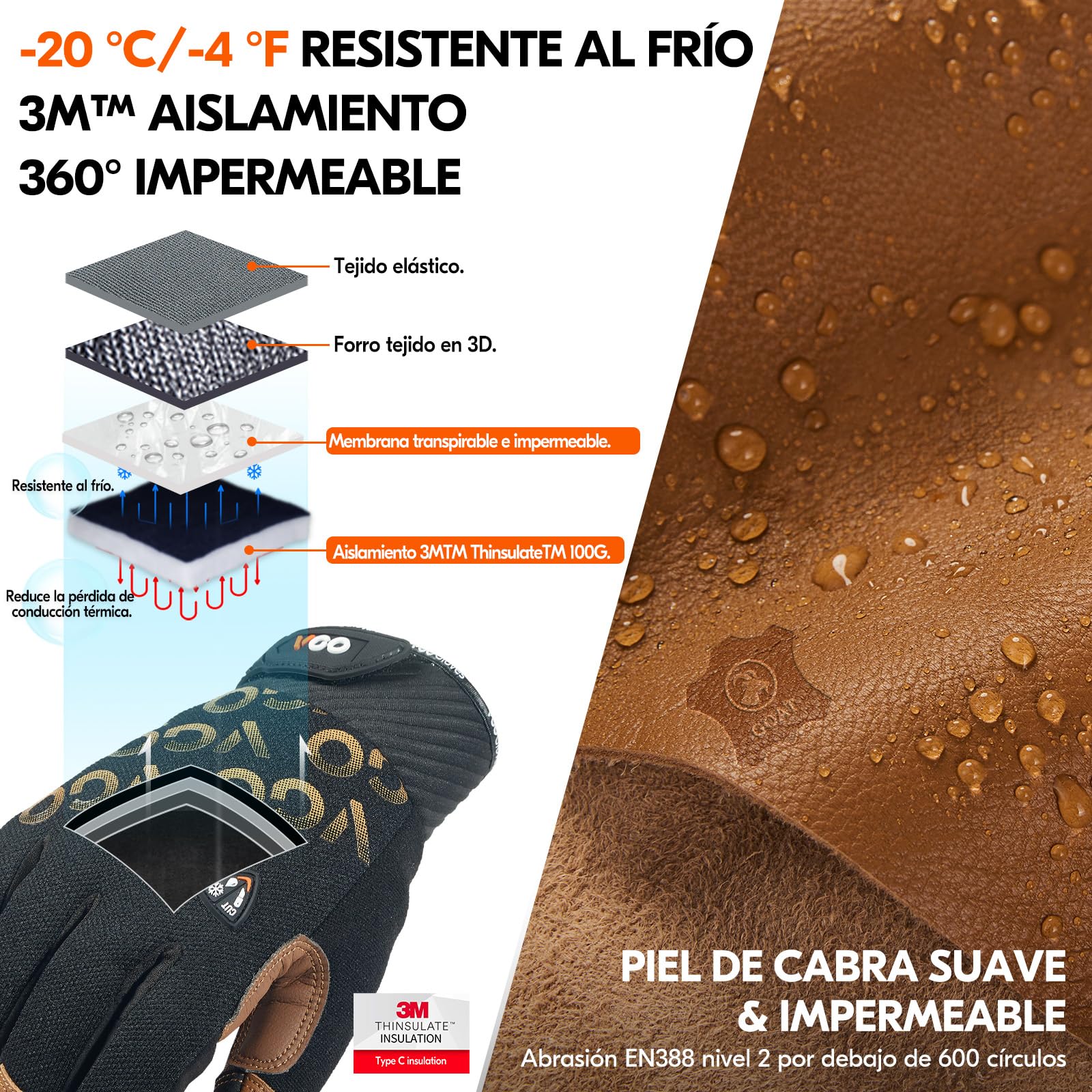 Vgo... Guantes de Trabajo Invierno Impermeables Hombre de Jardinería, Guantes Termicos Frio para Congelador Almacén, 1 par