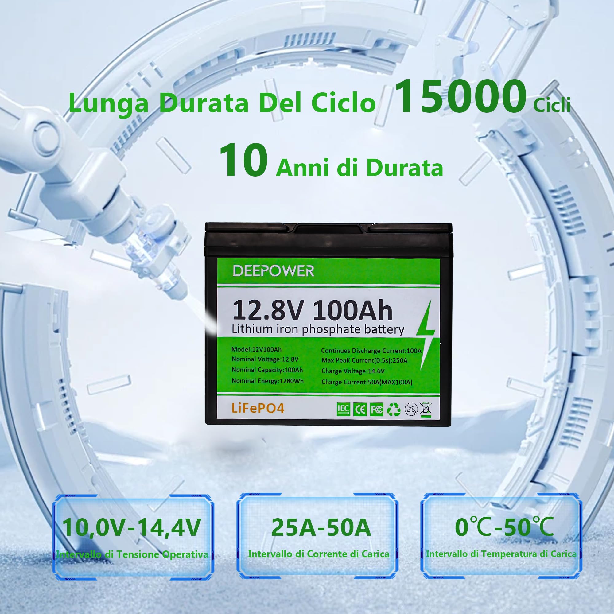 12V100Ah LiFePO4 Batteria con LED Indicatori, 15000 Cicli Profondi, 100A BMS, Celle di Grado A, 1280Wh Energia, per Camper, Campeggio, Sistema solare, Barca, Off-Grid (12V 100Ah LED)