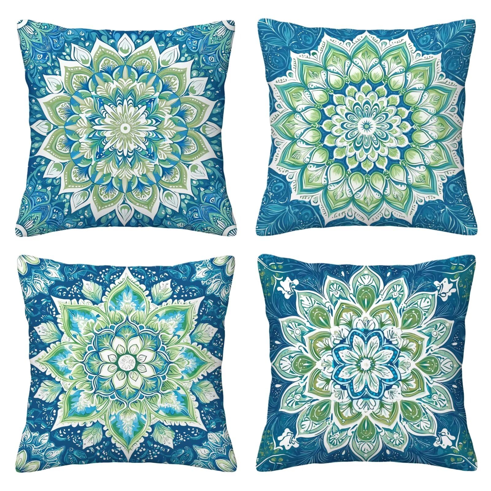 Juego de 4 Funda de Cojín Exterior Impermeable, 55x55 cm Fundas Cojínes Azules de Lino, Exterior Impermeable Lino Cojín Mandala Decorativo, Fundas de Almohada para Patio Balcón Jardín Sofá Silla U-57