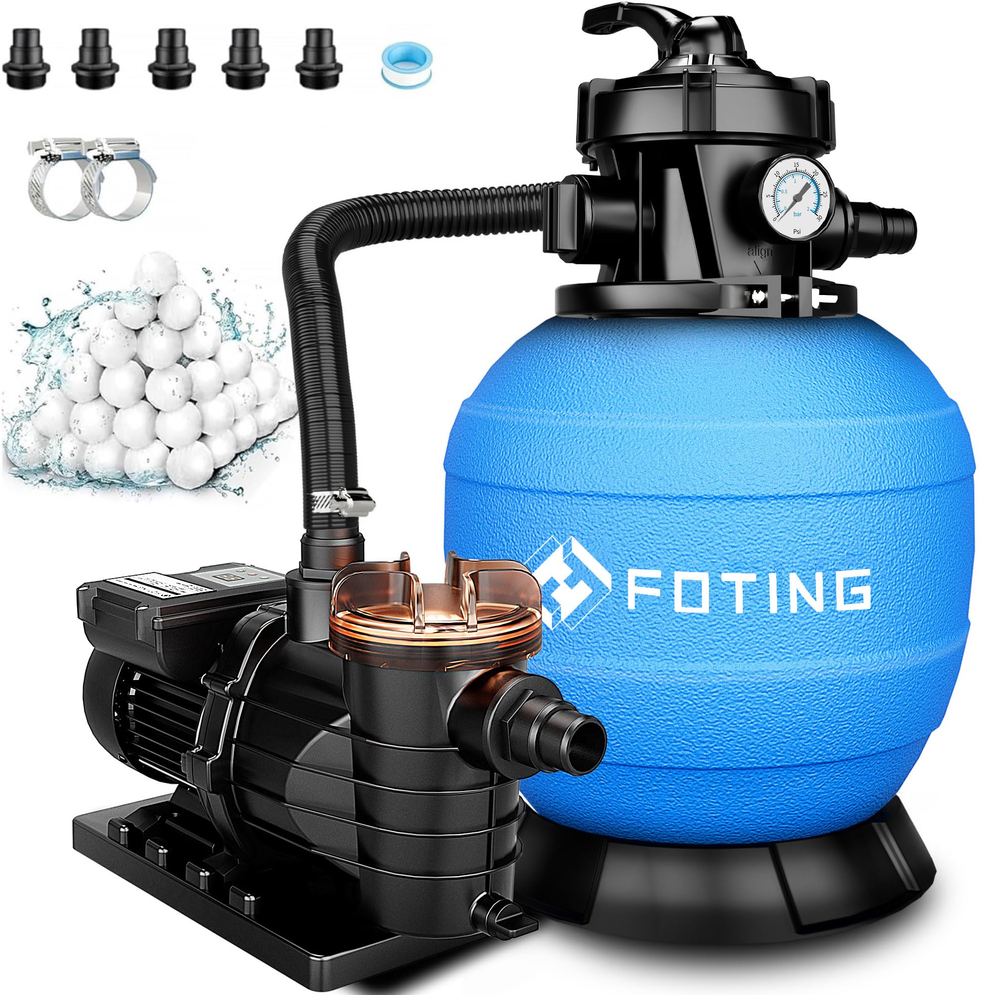 FOTING Depuradora de Arena con Temporizador 24 h – 14.000 L/h, Filtro de Piscina con Bomba, Válvula de 7 Vías con Manómetro, Adaptador Ø32-38 mm, 200 g de Bolas Filtrantes Incluidas