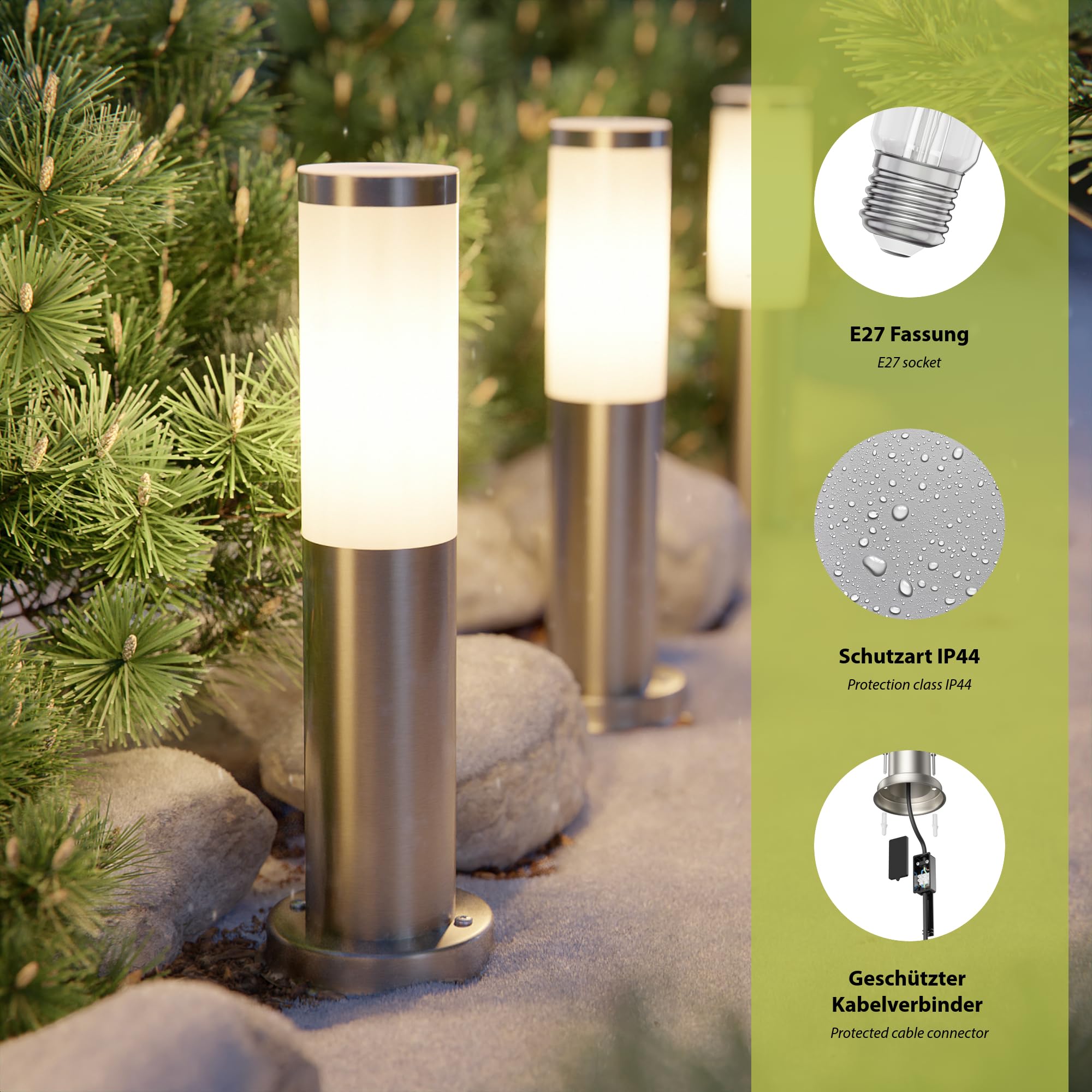 ledscom.de 5x Wegelicht/Pollerleuchte PORU für außen, IP44, 39 cm, edelstahl, 1x E27 max. 40W