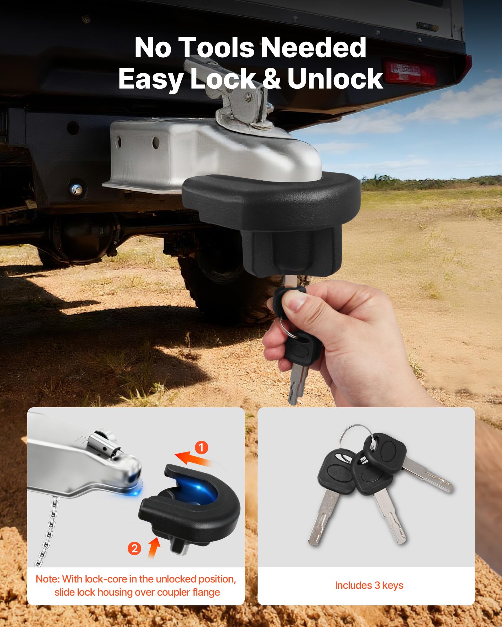 VEVOR Candado para Enganche de Remolque, para Acopladores de 5,08 cm, con 3 Llaves, Resistente a la Palanca y a los Impactos, Apto para Autocaravanas, Barcos, Vehículos Todoterreno y Remolques