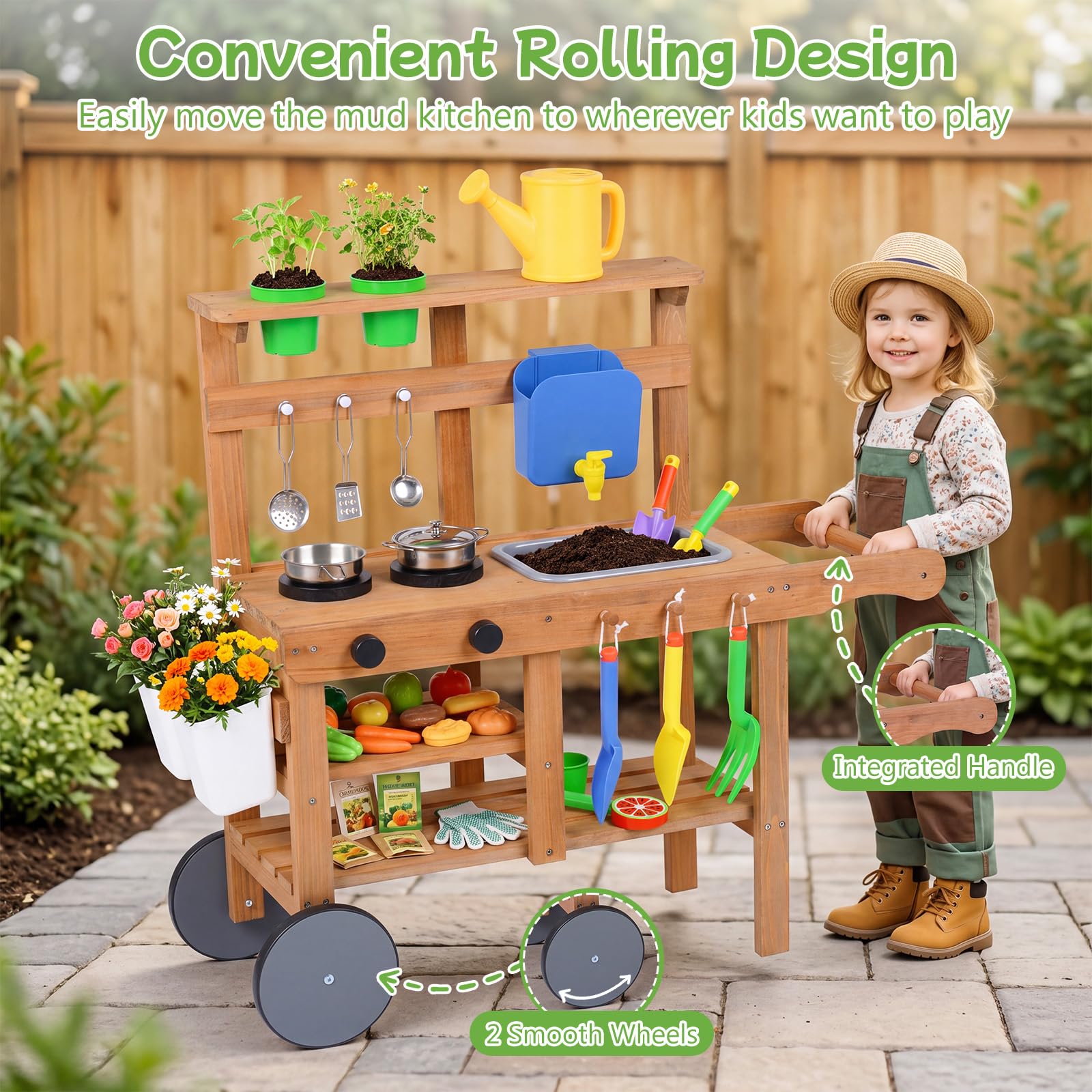 COSTWAY Cucina di Fango da Esterno, in Legno, per Bambini 3+ Anni | Cucina per Bambini con Padella, Serbatoio, Lavello, 2 Vasi di Fiori, 2 Ripiani Aperti, 2 Ruote e Accessori per Cucinare