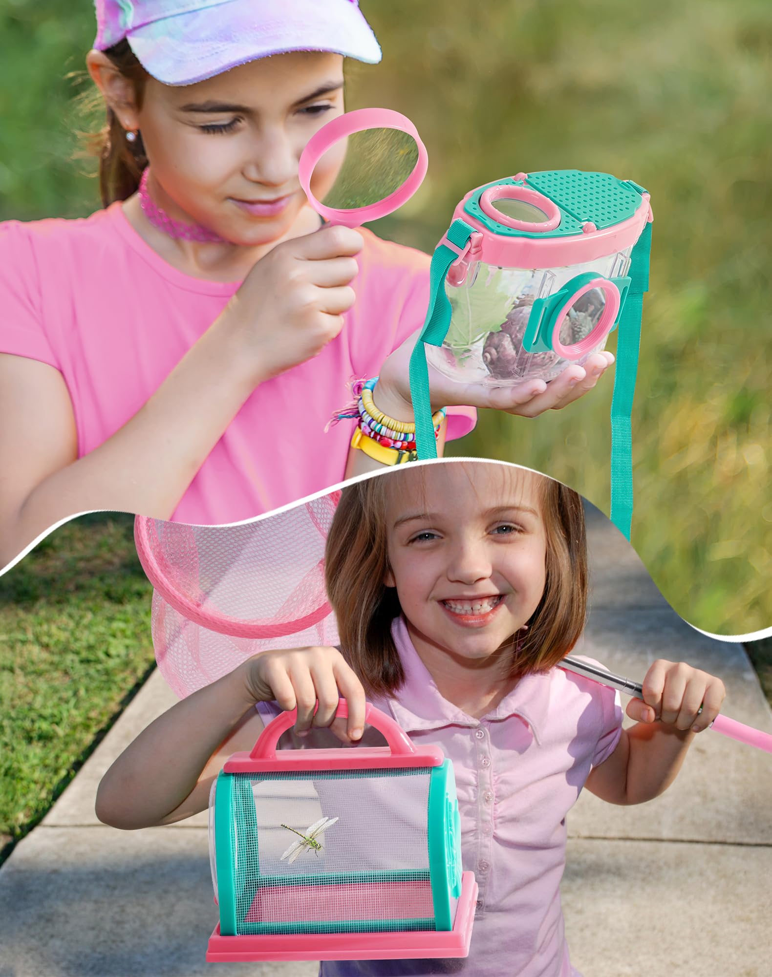 ROBOTIME Juego de atrapa insectos y explorador infantil, juego de caza de insectos con lupa, visor de insectos, bolsa de transporte y accesorios, regalo para niñas de 3 a 12 años (rosa, 12 piezas)