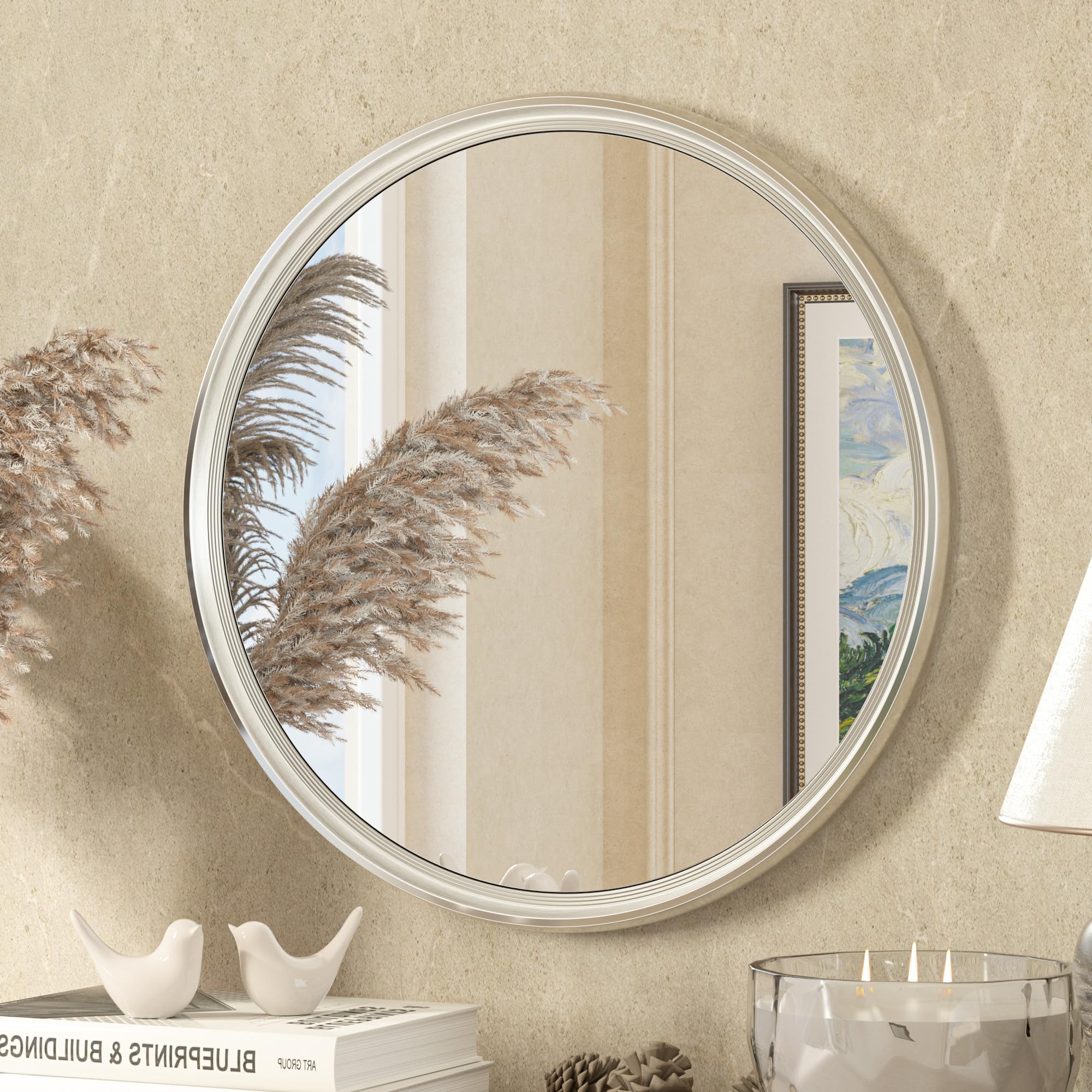 Amazon.com: TETOTE Round Mirror 16 inc Brushed Nickel Circle Mirror ...