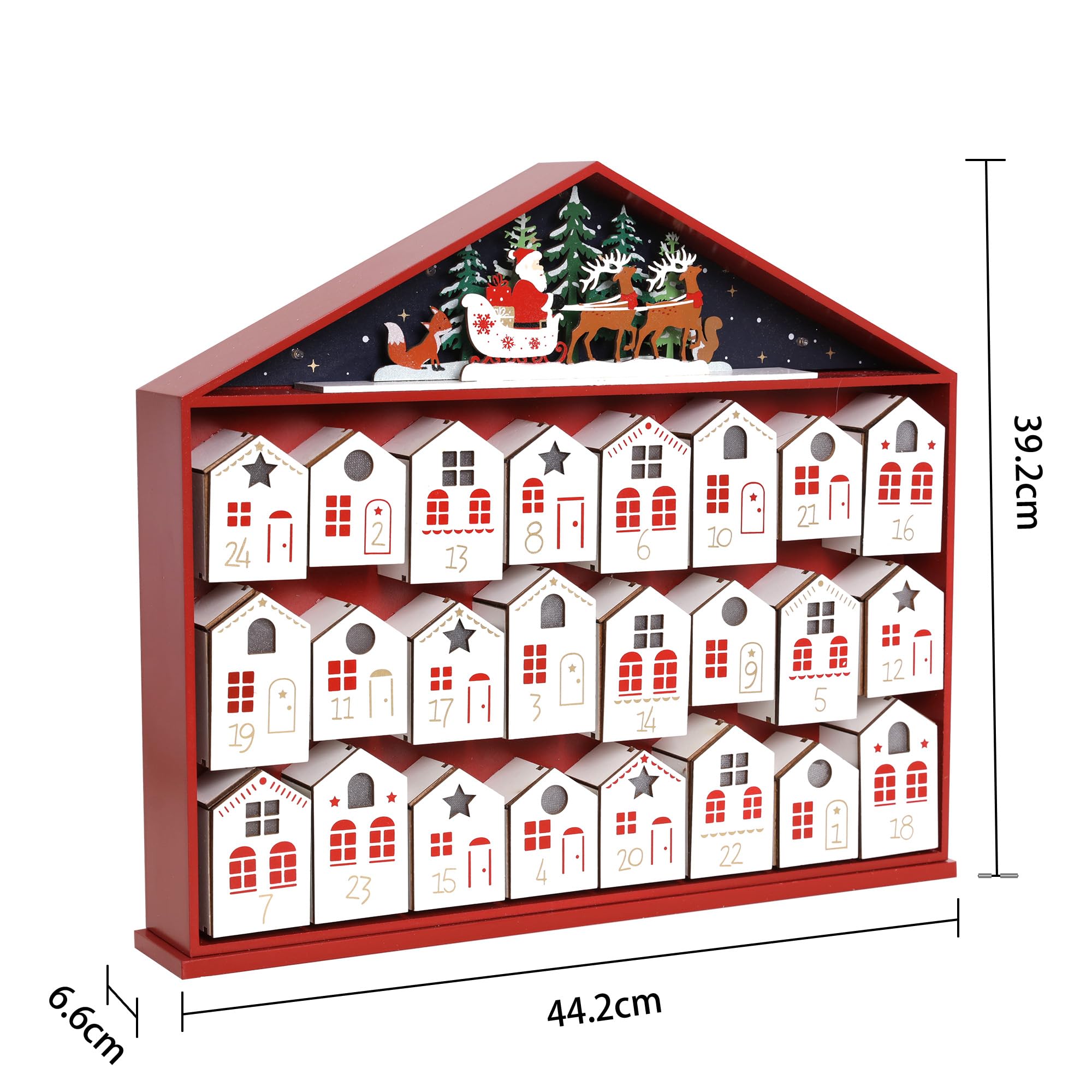 PE Calendario dell'Avvento in legno 2025 con luci LED, calendario per conto alla rovescia di Natale, cassetti a forma di casa, decorazione natalizia riutilizzabile, scatola per il conto alla rovescia