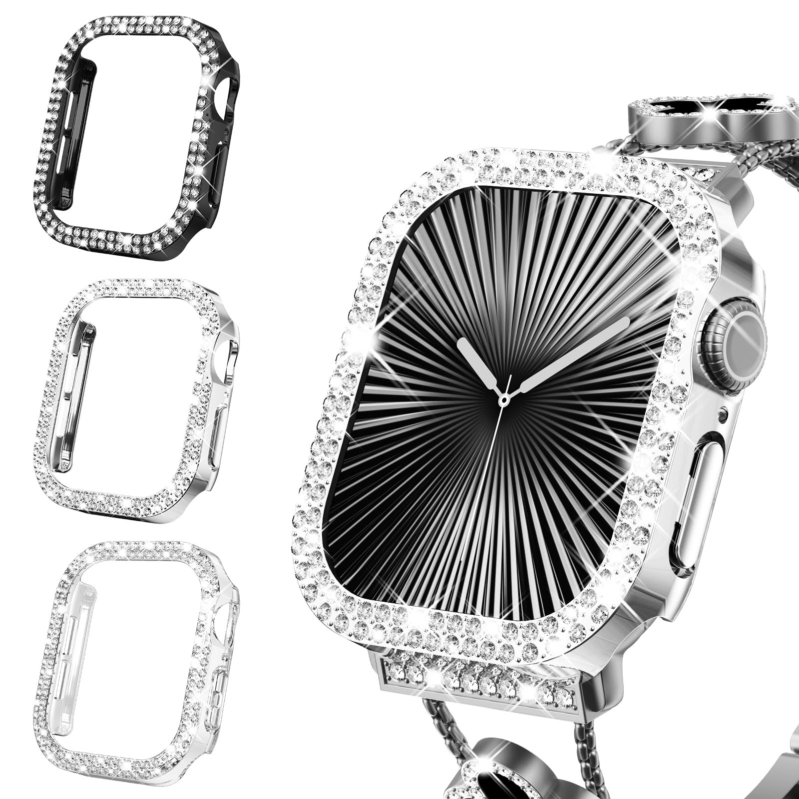 WINGLE Compatible with Apple Watch Screen Protector 44mm SE 3 2 1/ Series 6 5 4, Women Shiny Diamond Cover with Tempered Glass Screen Protector for Apple Watch Case 44mm,Clear — view 22
