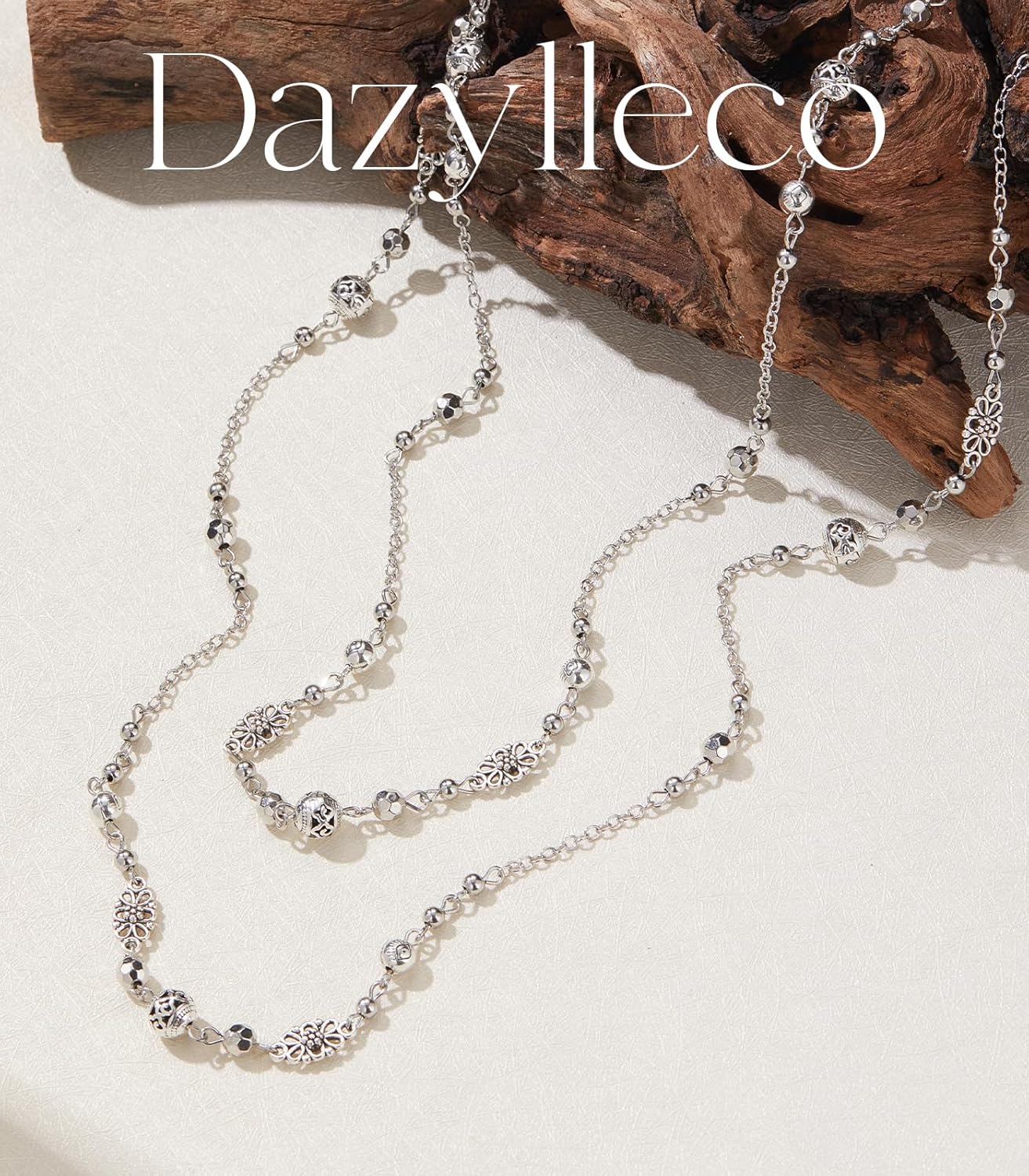 Long Beaded Silver Necklaces for Women Layered Long Statement Necklace with Stone Pearl Beads Double Sweater Chain Costume Jewelry for Women - Image 2