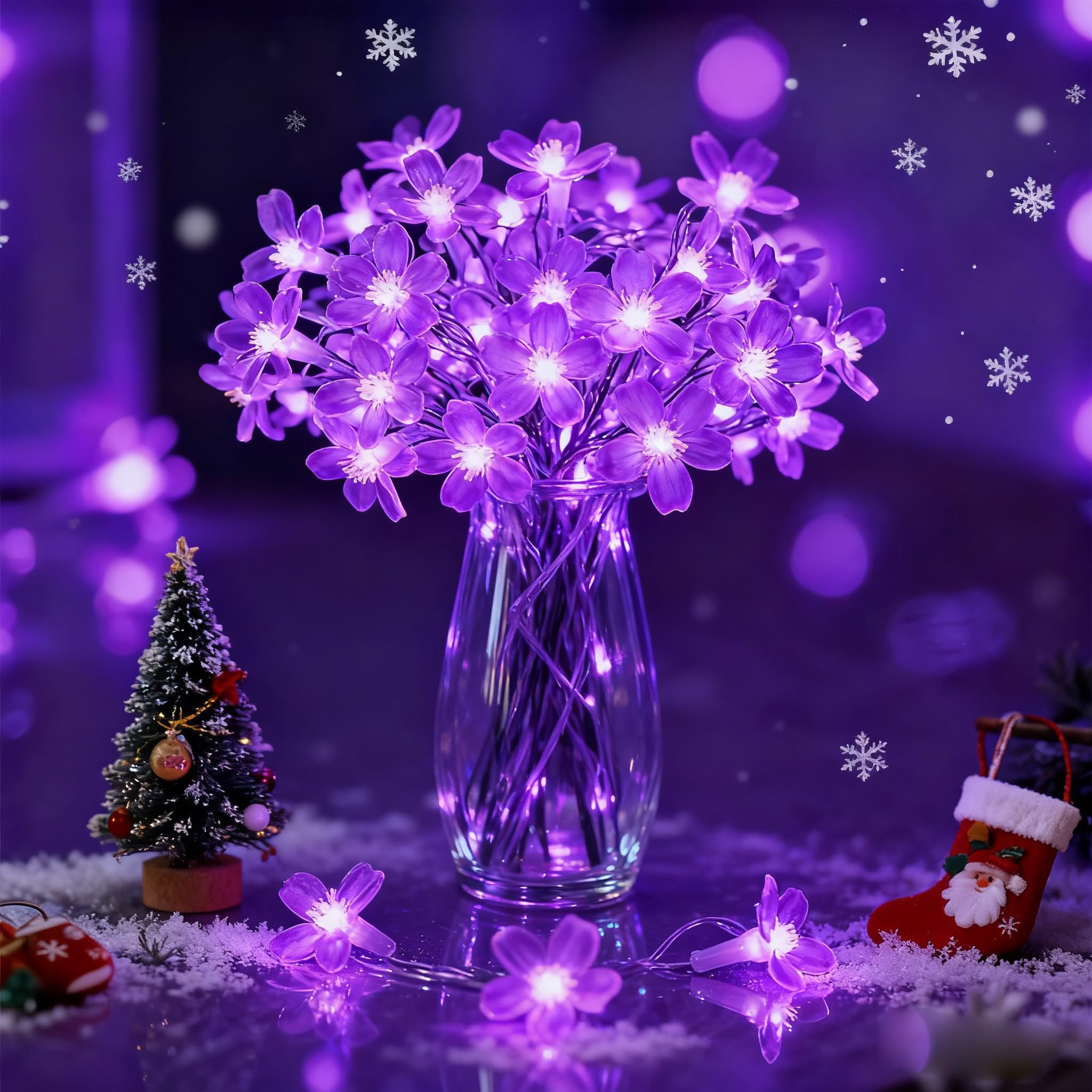 FULLBELL Christmas String Lights, 100 LED 33FT Purple Flower Lights with 8 Modes & Memory Function, IP44 Waterproof Connectable for Xmas Tree, Wedding, Garden, Indoor Outdoor.