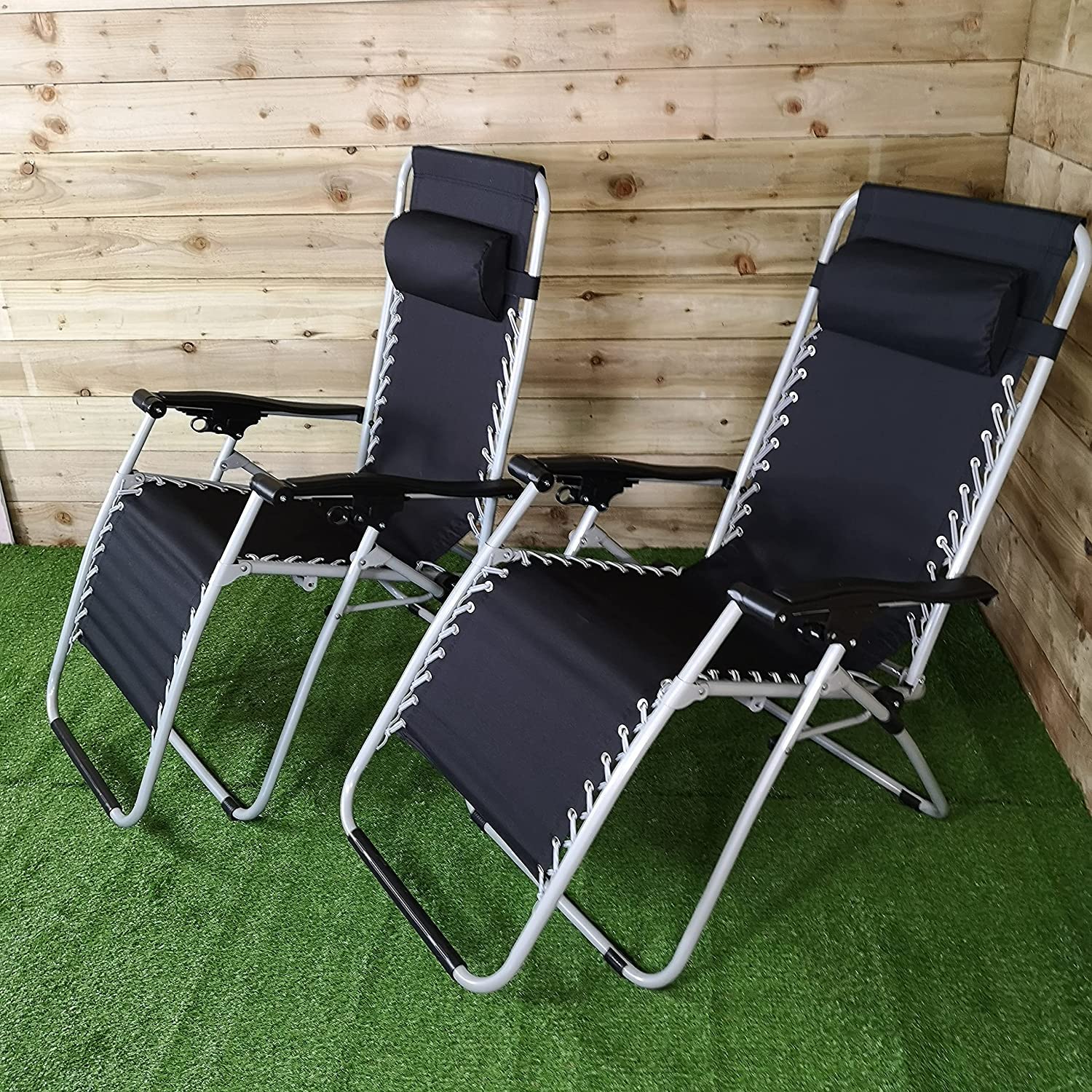 Garden Mile Juego de 2 sillas plegables reclinables de gravedad cero – Tumbona impermeable al aire libre con reposacabezas acolchado ajustable reclinable silla de asiento de acero fuerte cómoda