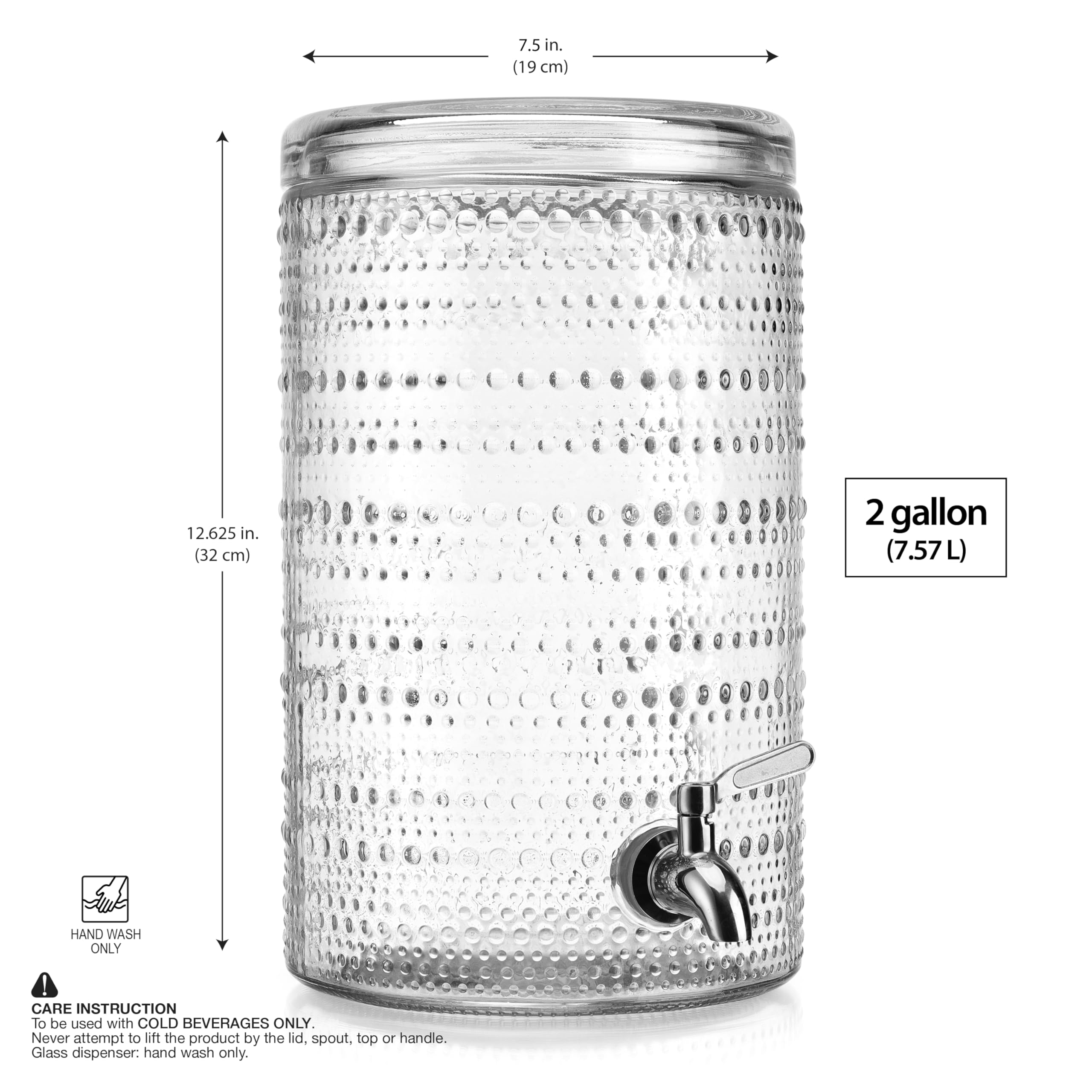 Glavers - Dispensador de bebidas de vidrio transparente de 2 galones, tapa hermética, grifo de acero inoxidable de presión lateral, cócteles, jugos, agua, limonada, té helado, fiestas, celebraciones,