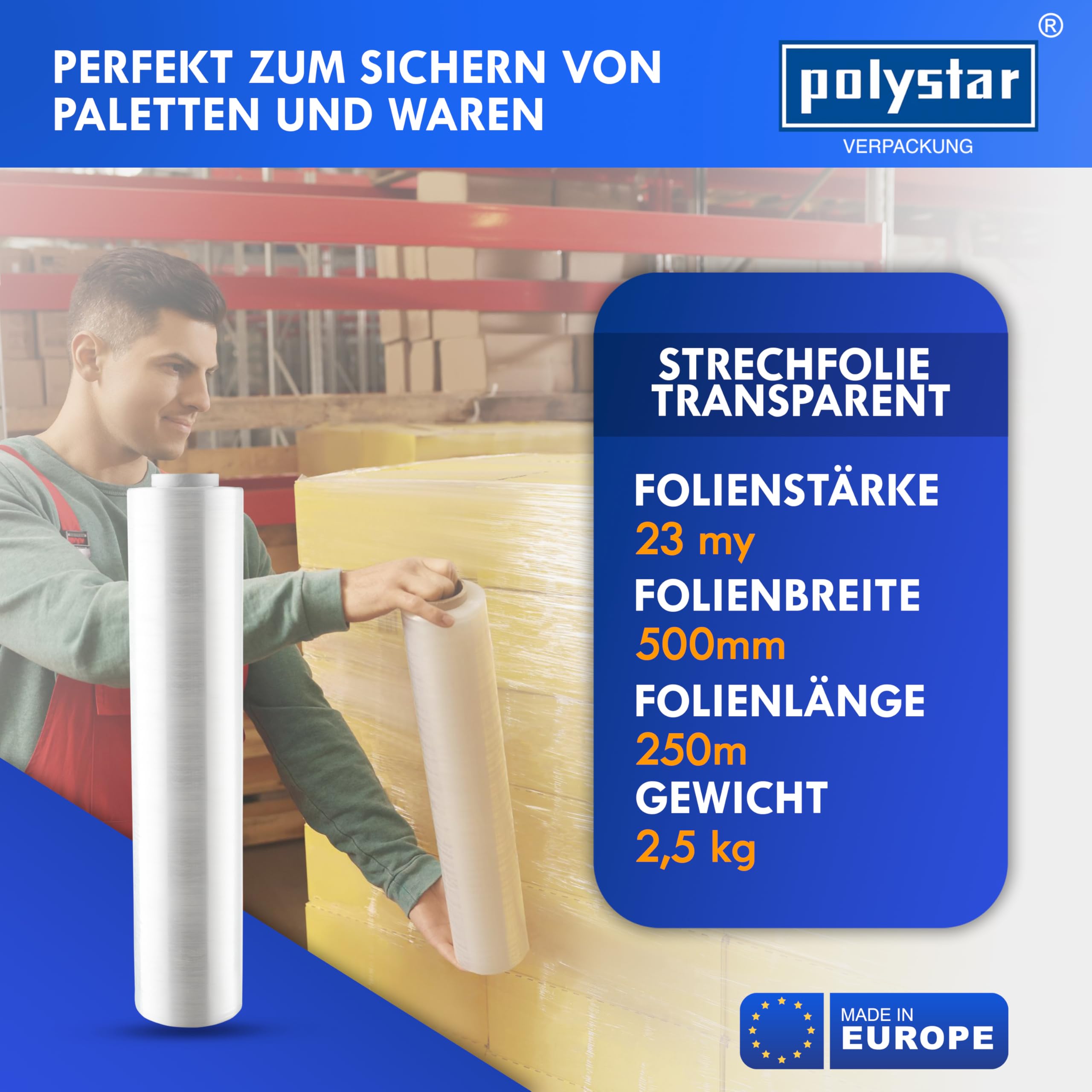 polystar Stretchfolie transparente Stretchfolienrolle, 500 mm breit, 23 my, 250 Meter | Wickelfolie für Umzug | Palettenfolie für Transport (36x Hand-Stretchfolie, 500 mm breit, 23 my)
