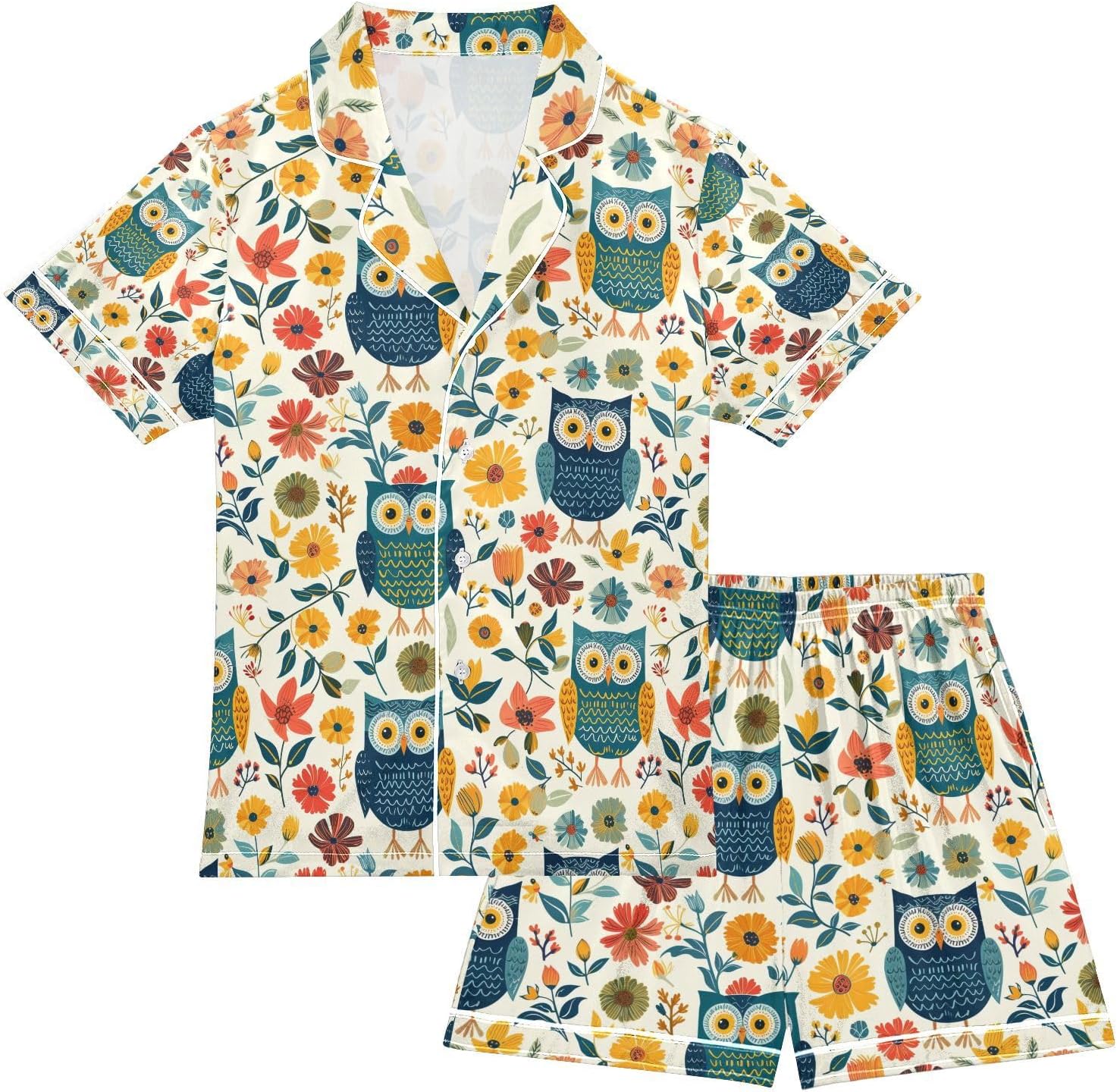 senya Cute Owl Leaves 1 Satin Summer Pajama Sets Silk Short Sleeve Button Down Sleepwear