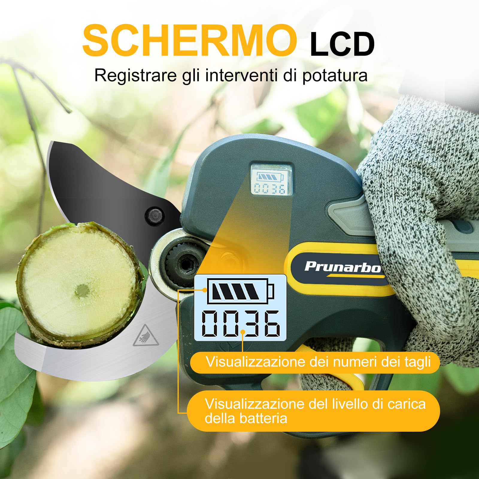 Prunarbo Forbici Elettriche a Batteria 50MM 18V Brushless 8000mAh Batteria Display LCD Attrezzi da giardino, Forbici compatibili con Makita Batteries (PR-E50)