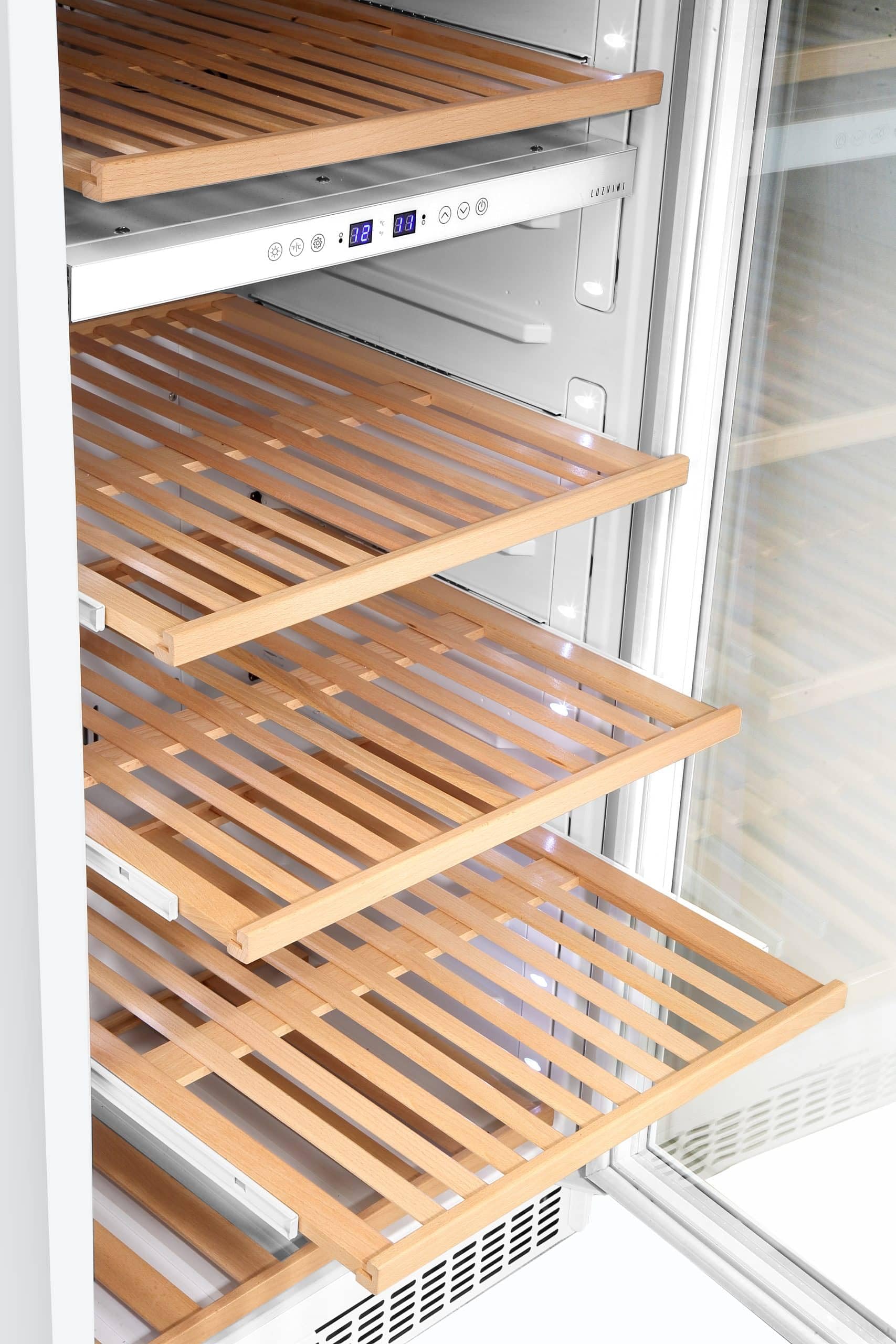 Große weiße LuzVini LV150W Einbau-Weinklimaschrank - Weinkühlschrank mit 2 Zonen - 150 Flaschen, Kompressorkühlung und ausschiebbare Regalen aus Buchenholz