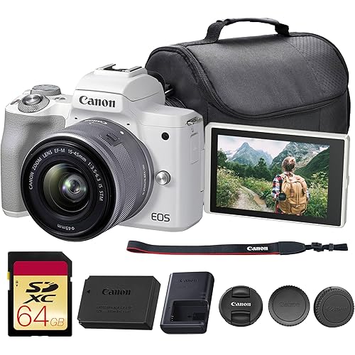 Canon EOS M50 Mark II Mirrorless Camera with 15-45mm Lens (White) | 24.1MP APS-C Sensor, Dual Pixel CMOS AF, 4K Video & Vari-Angle Touchscreen | for Vlogging & Content (4729C004) + 64GB Card + Bag