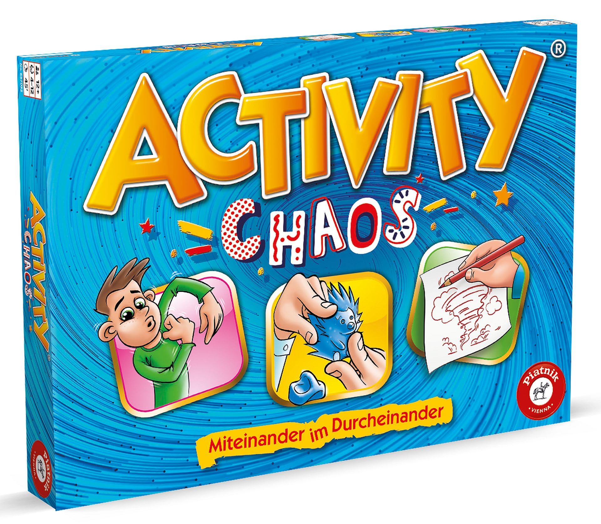Piatnik Chaos Der neueste Zuwachs der Piatnik Familie Gleichzeitiges Darstellen und Erraten Pantomime, Zeichnen, Kneten sind gefragt 660 Neue Begriffe Familien-Partyspiel 2 Teams ab 12+ Blau
