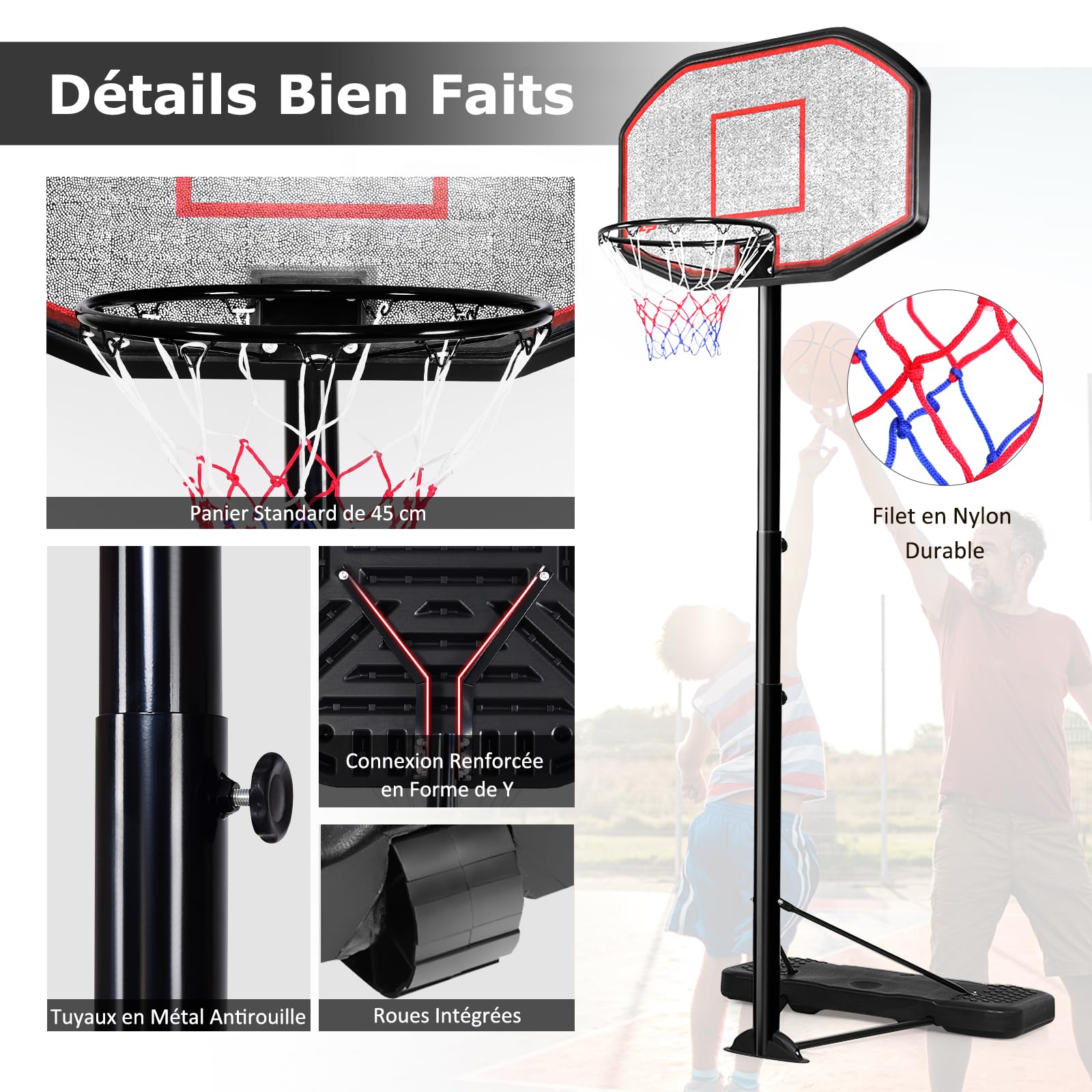 GYMAX Panier Basket Exterieur pour Enfants Adultes, Hauteur Réglable 220-305cm, Mobile avec Roues, Base Remplissage d'eau ou Sable, Structure Stable Triangulaire